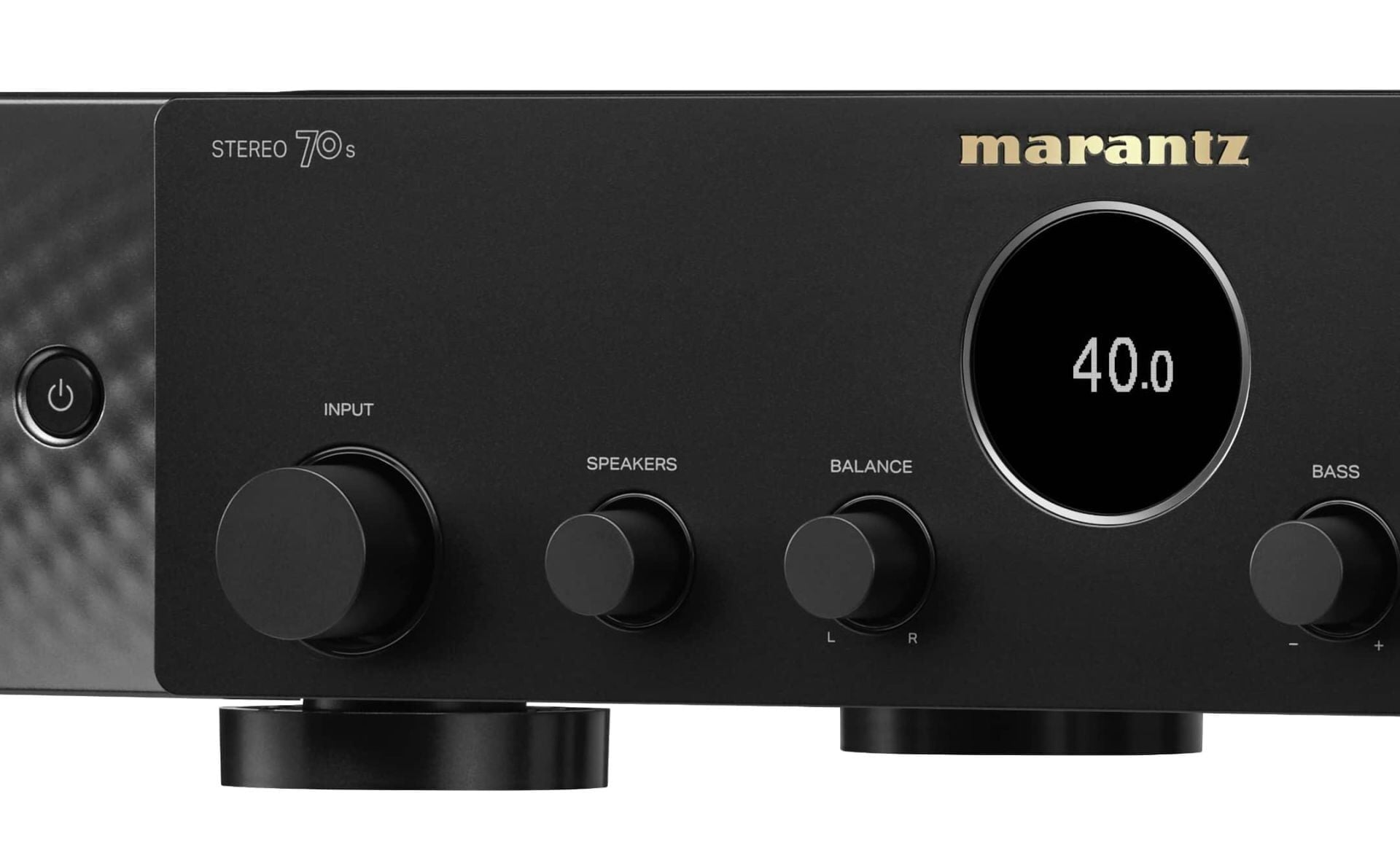 Giriş, hoparlör, denge ve bas düğmeli siyah Marantz stereo amfi. Dijital ekran 40.0 gösteriyor.