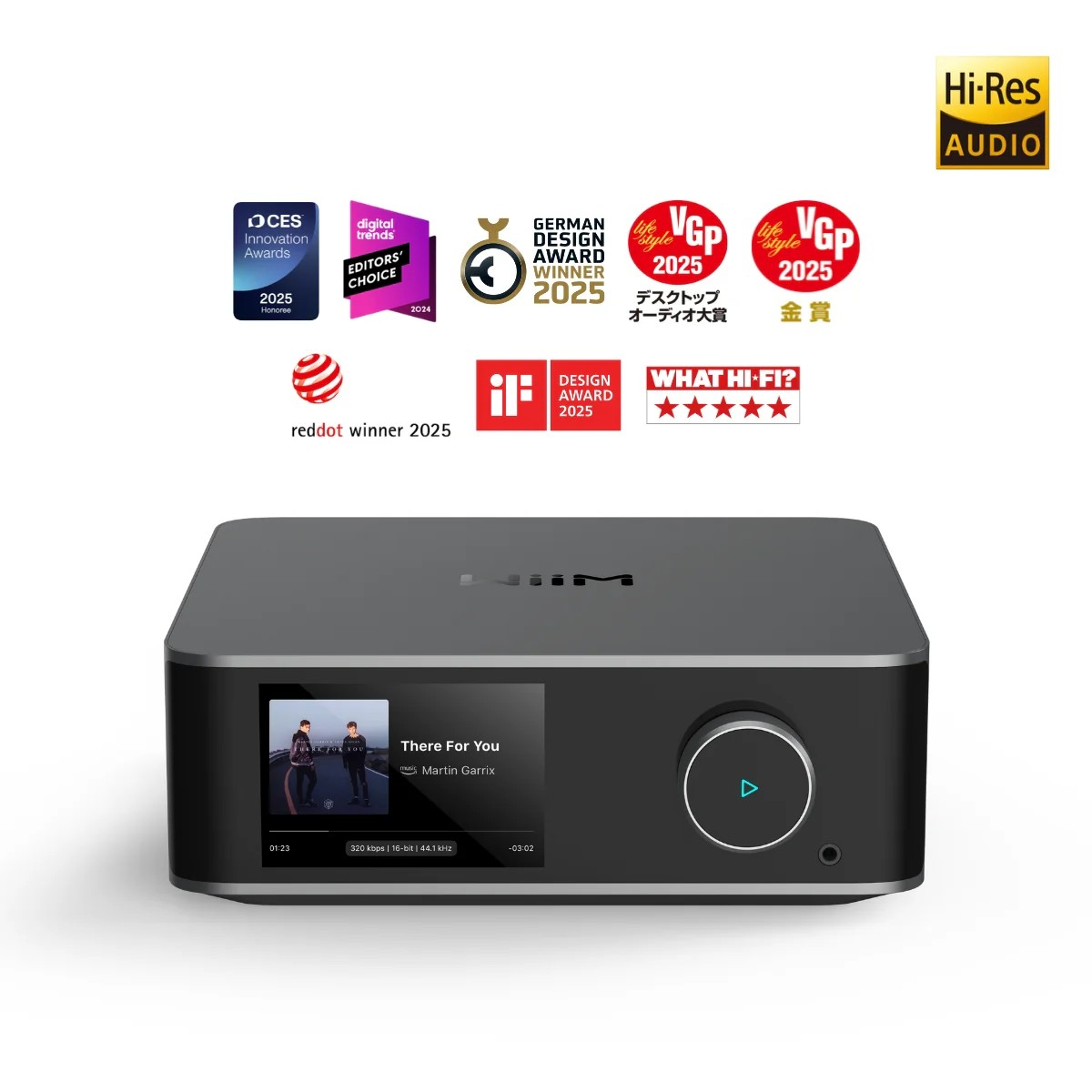 Grauer Hi-Fi-Audioplayer mit Bildschirm, der Musik von Martin Garrix abspielt.
