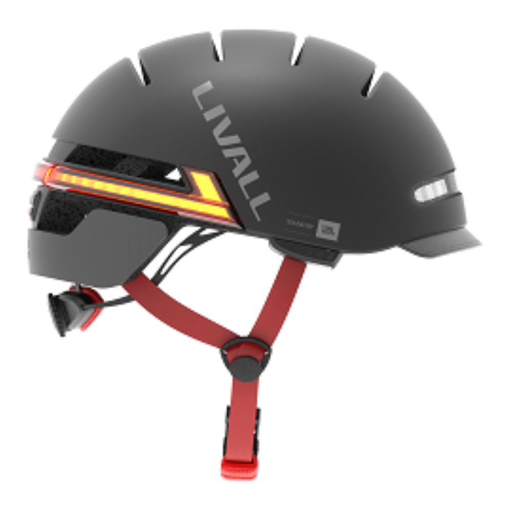 Casco nero con cinghie rosse e luci gialle/bianche. Logo LIVALL sul lato.