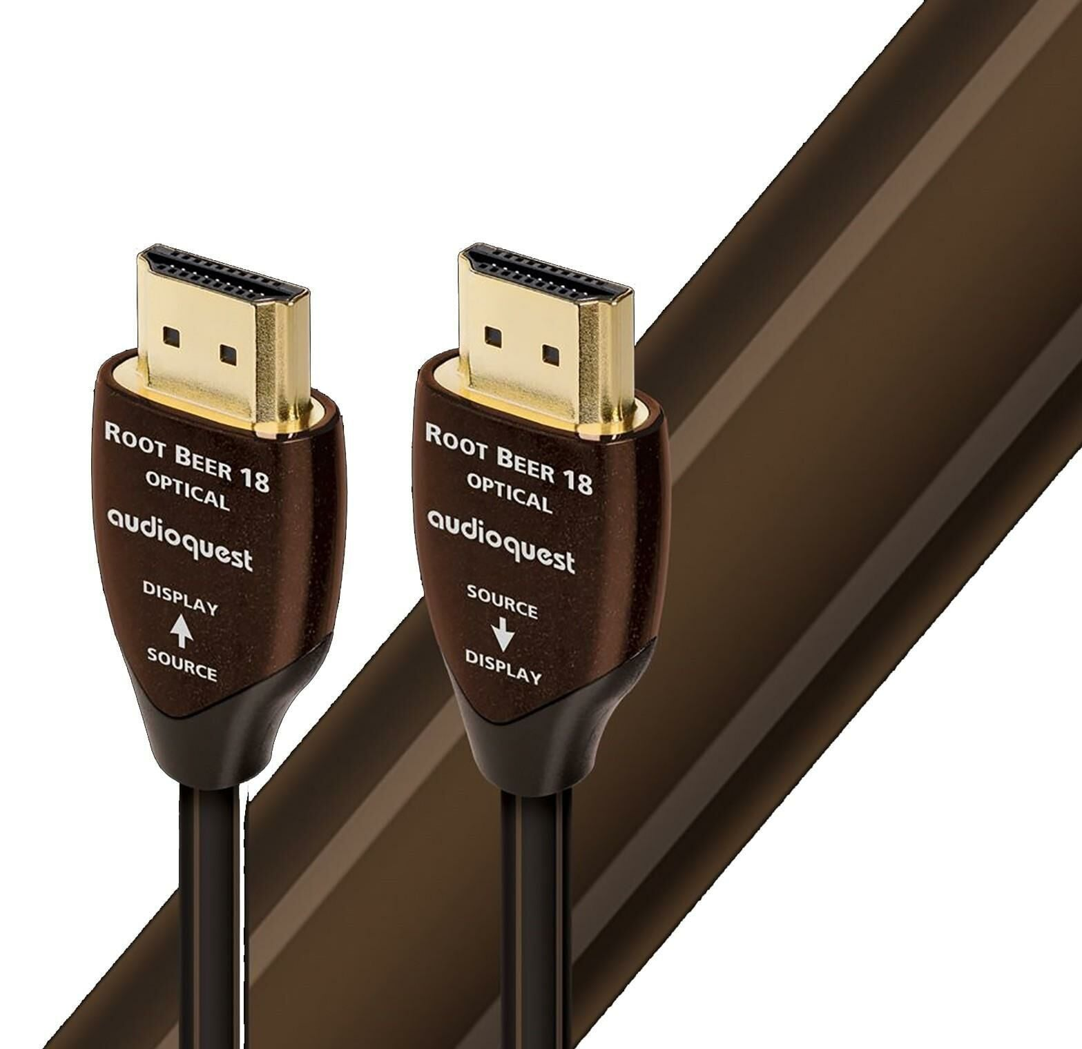 Beyaz arka plan üzerinde kahverengi konektörlü ve altın pinli iki HDMI kablosu.