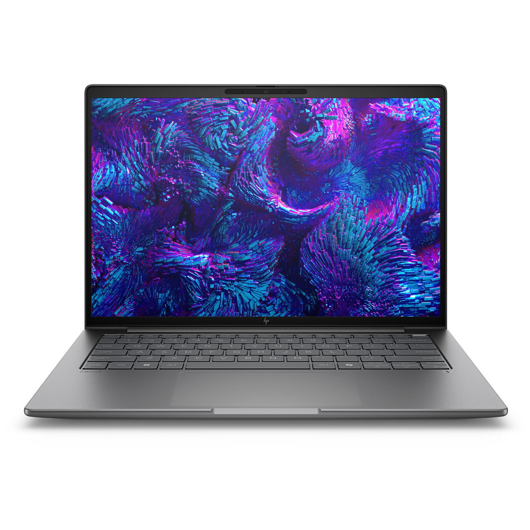 Un laptop HP grigio con uno sfondo astratto e colorato sullo schermo.