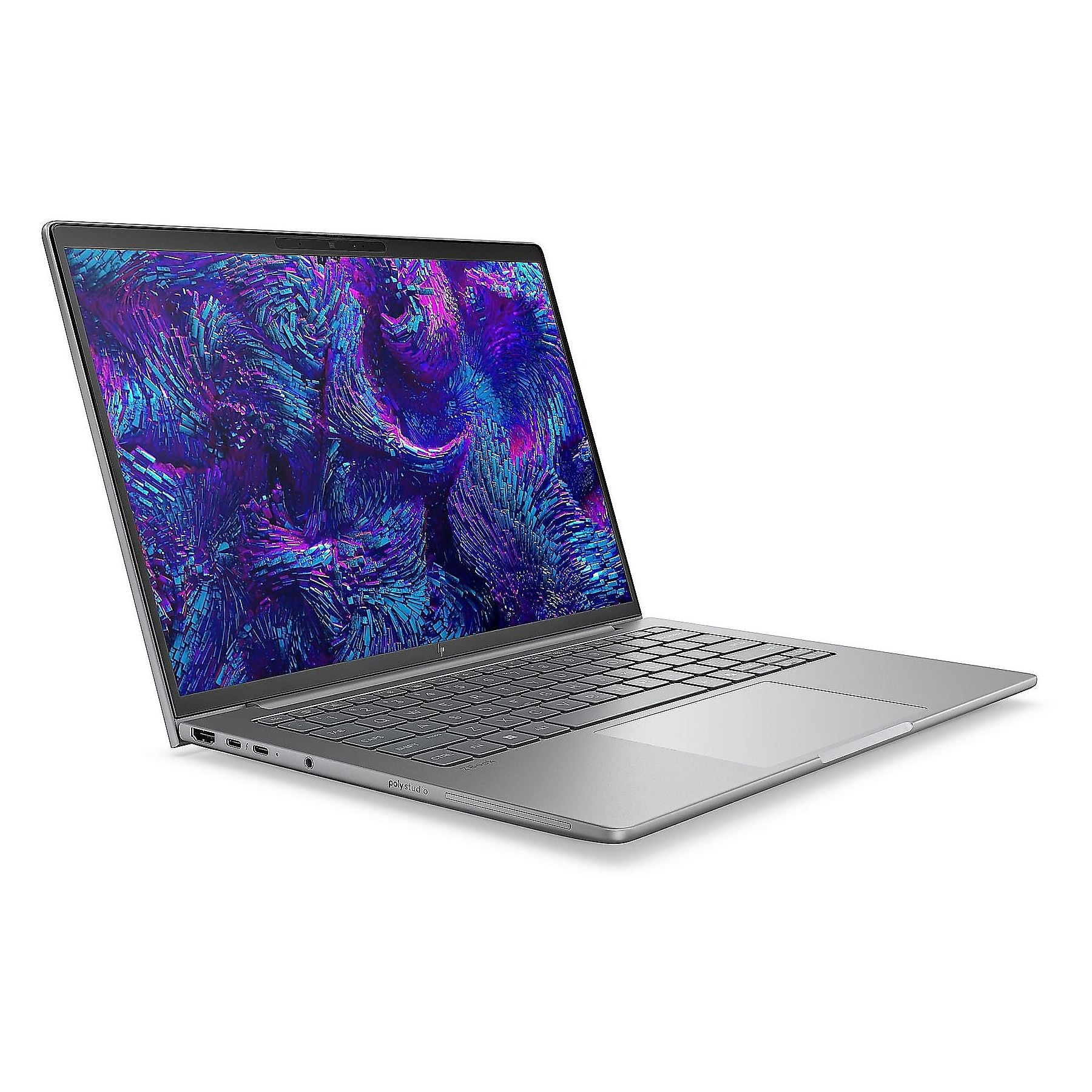 Un laptop HP argentato è aperto, mostra uno sfondo astratto vibrante sullo schermo.