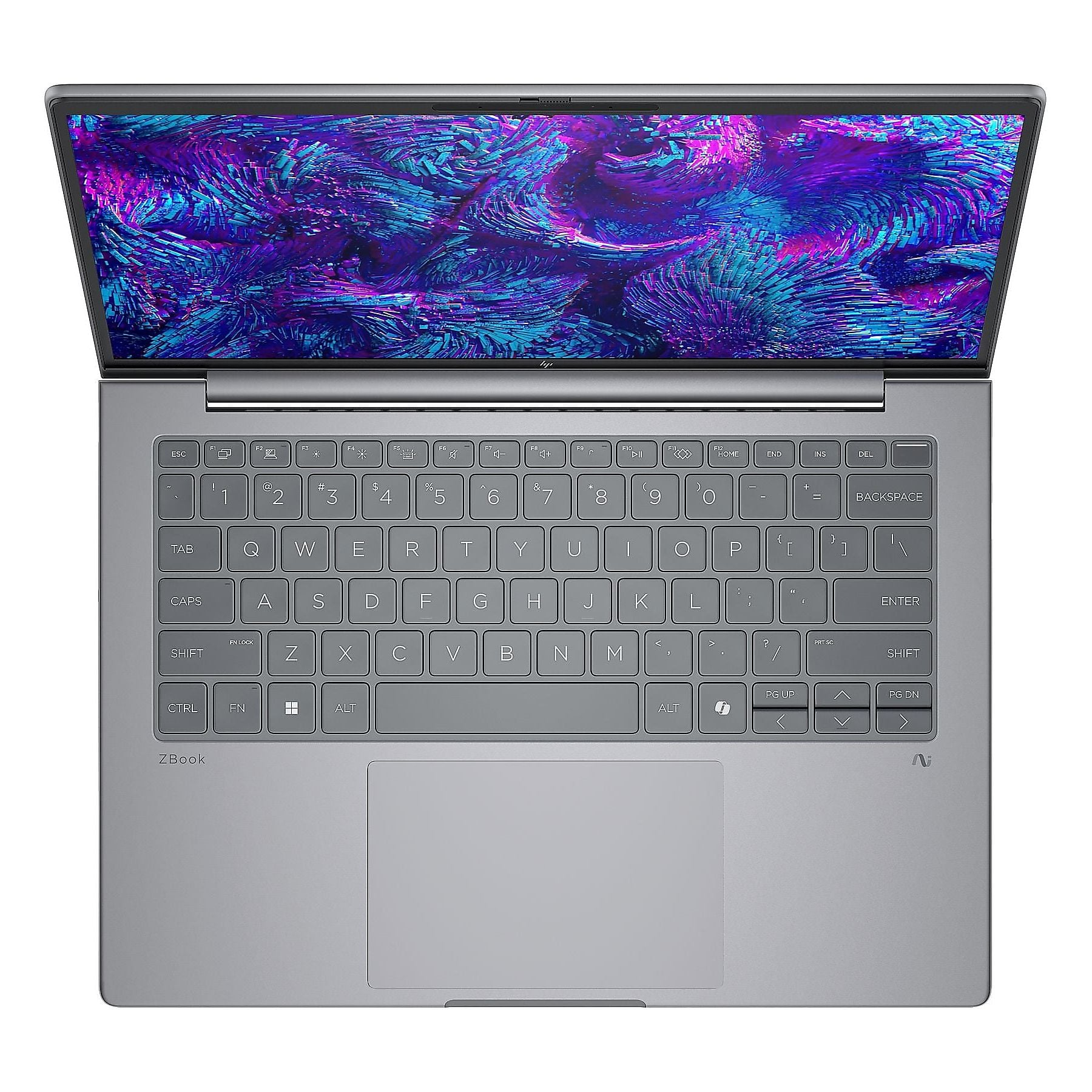 Un laptop grigio aperto con uno sfondo astratto colorato sullo schermo.