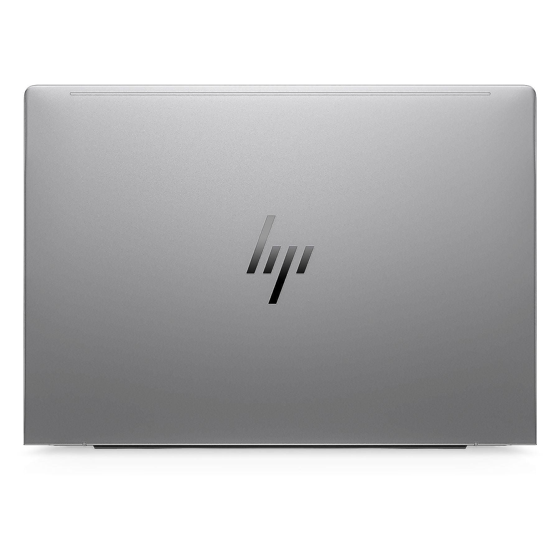 Laptop argentato chiuso con logo HP in alto.