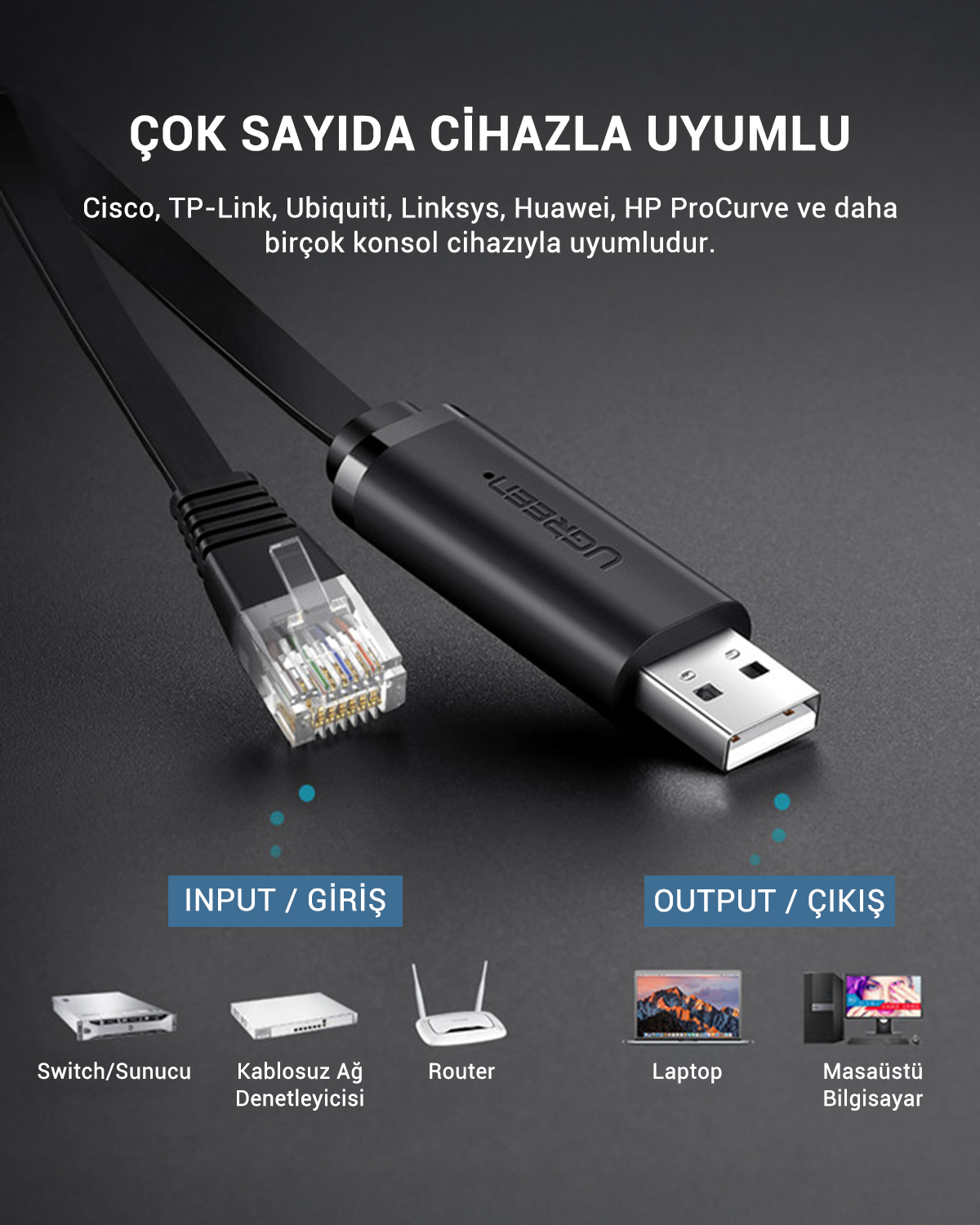 RJ45 ve USB konnektörlü siyah USB-Ethernet kablosu, birçok cihazla uyumlu.