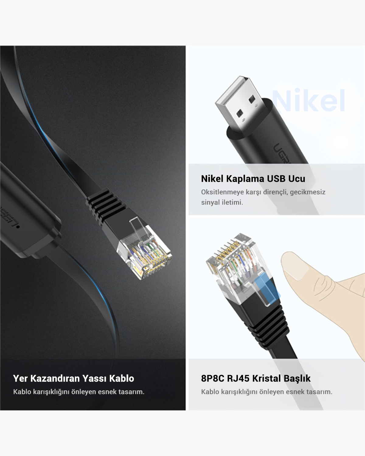 RJ45 ve USB konnektörlü siyah yassı kablo.