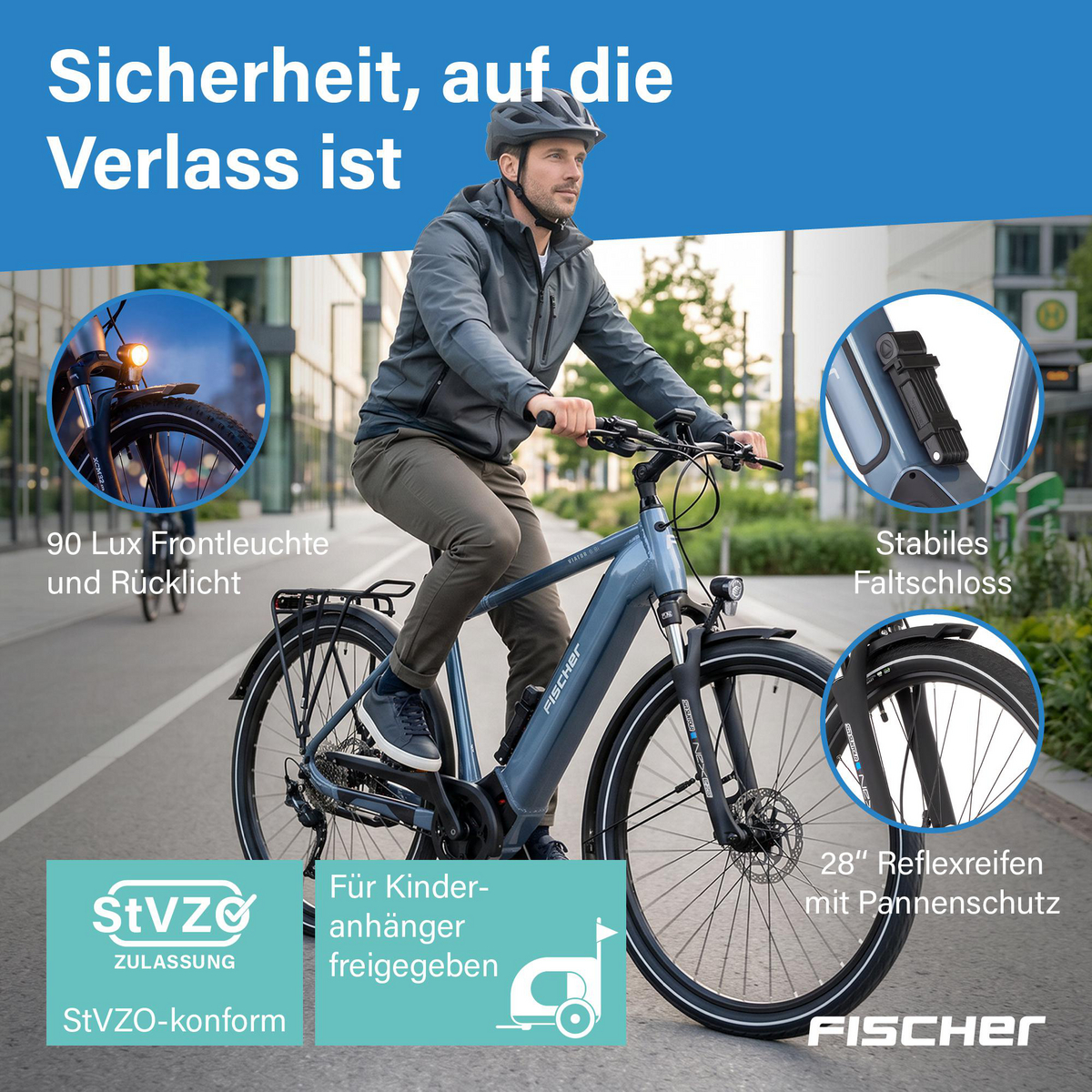Mann fährt E-Bike mit 90 Lux Licht, Faltschloss, StVZO-Zulassung, Kinderanhängerfreigabe.