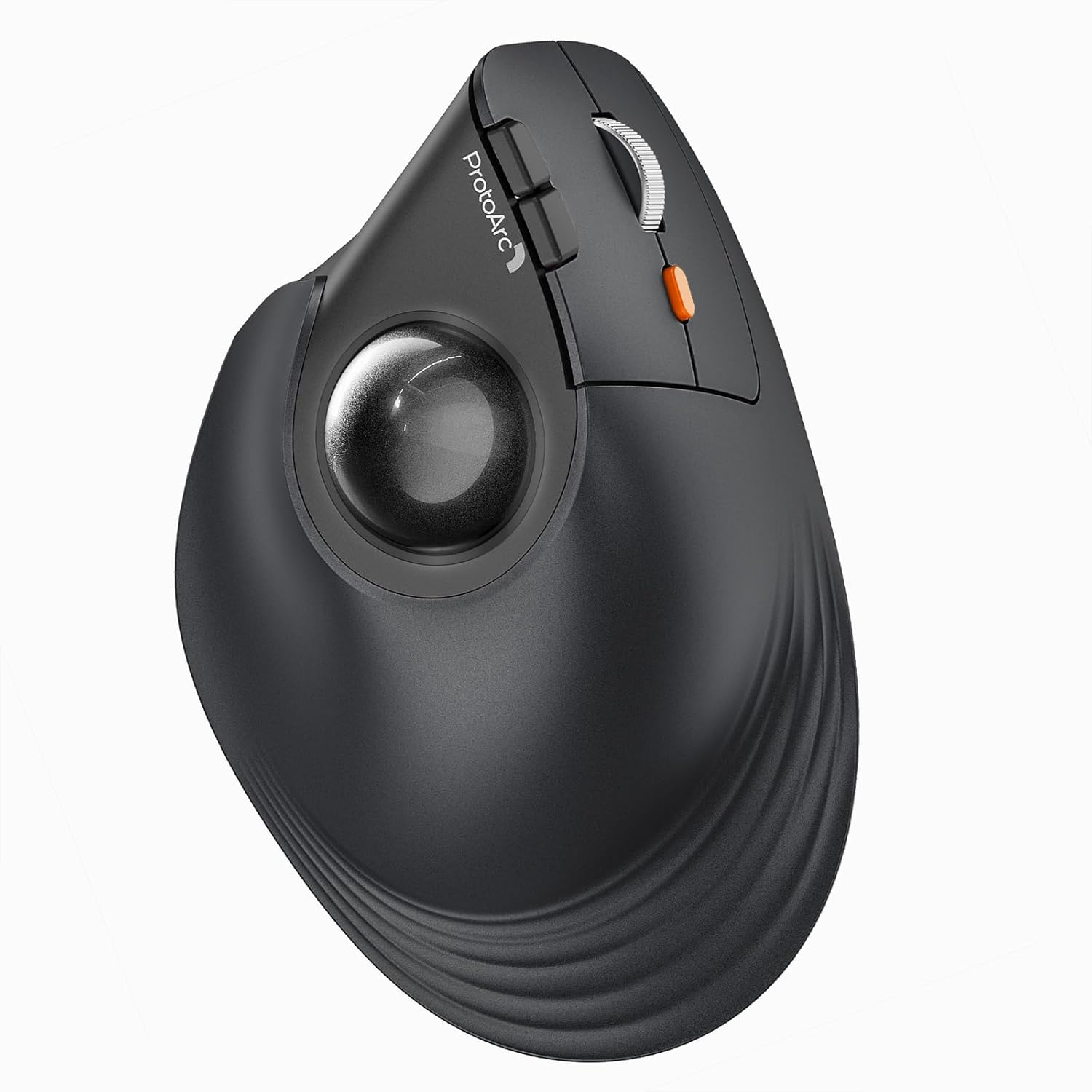 Un ratón de computadora ergonómico negro con trackball y logo ProtoArc.
