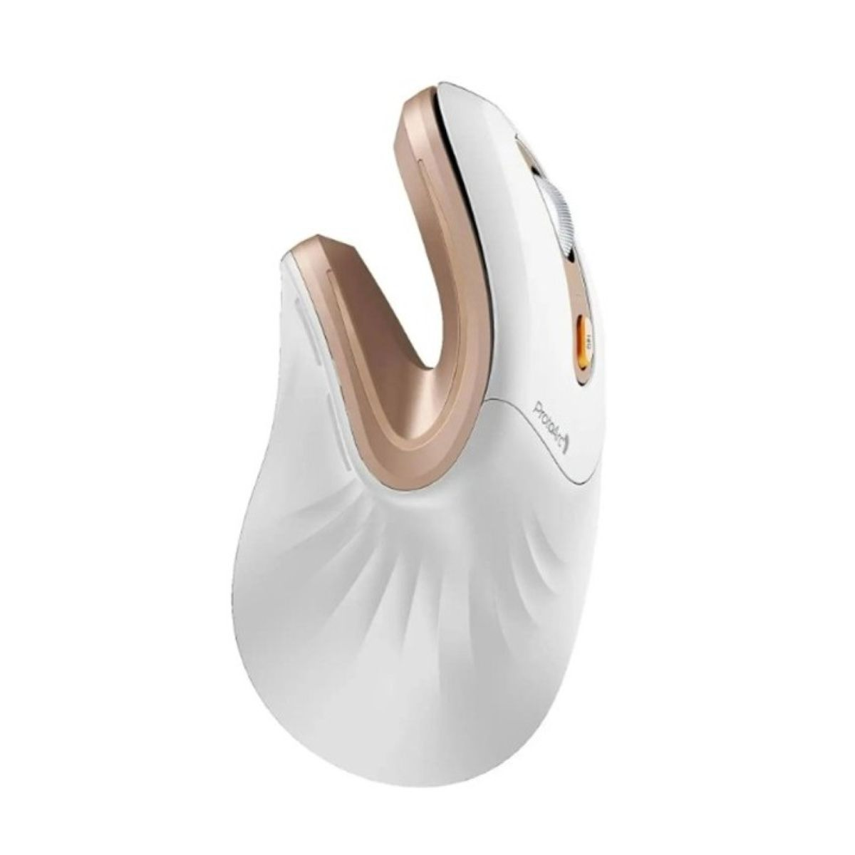 Un ratón ergonómico blanco y oro rosa con agarre texturizado.