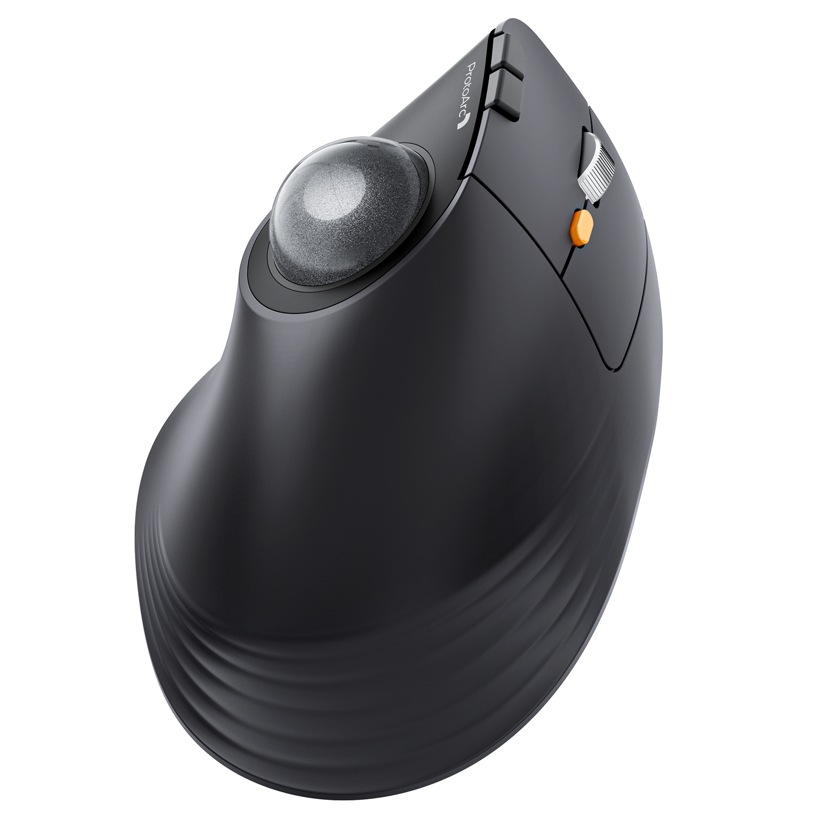 Ratón trackball negro con bola plateada y rueda de desplazamiento sobre fondo blanco.
