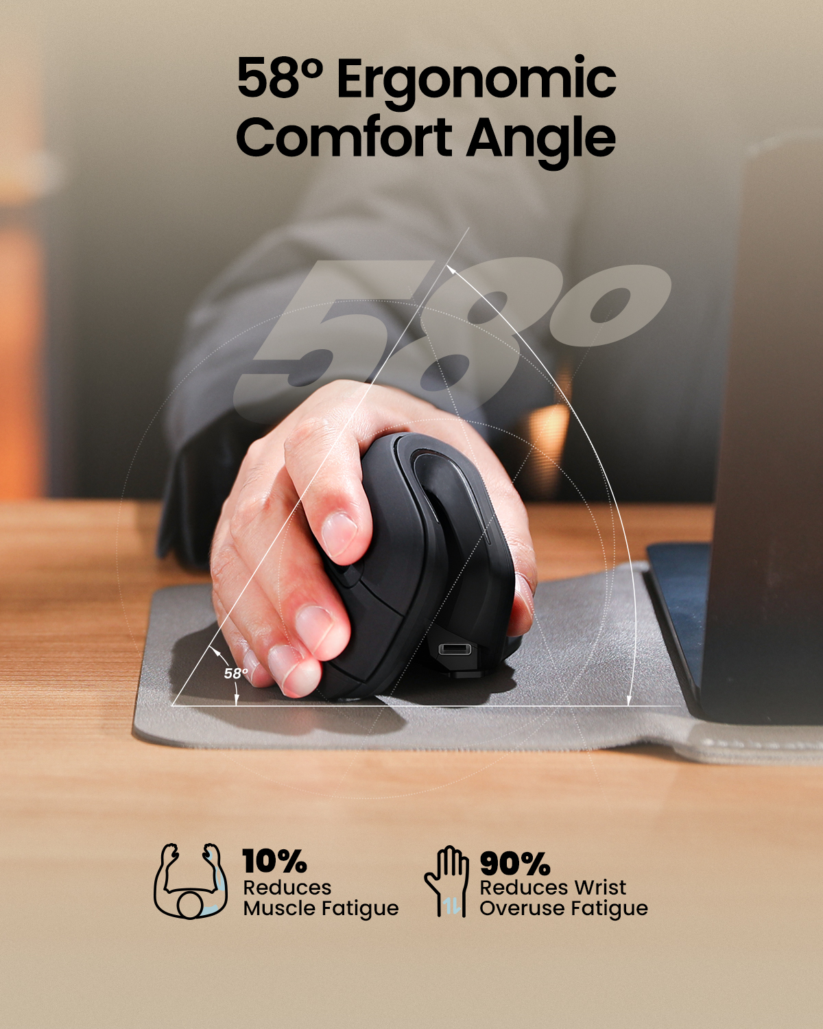 Ratón ergonómico con ángulo de confort de 58°, reduce fatiga muscular 10%.