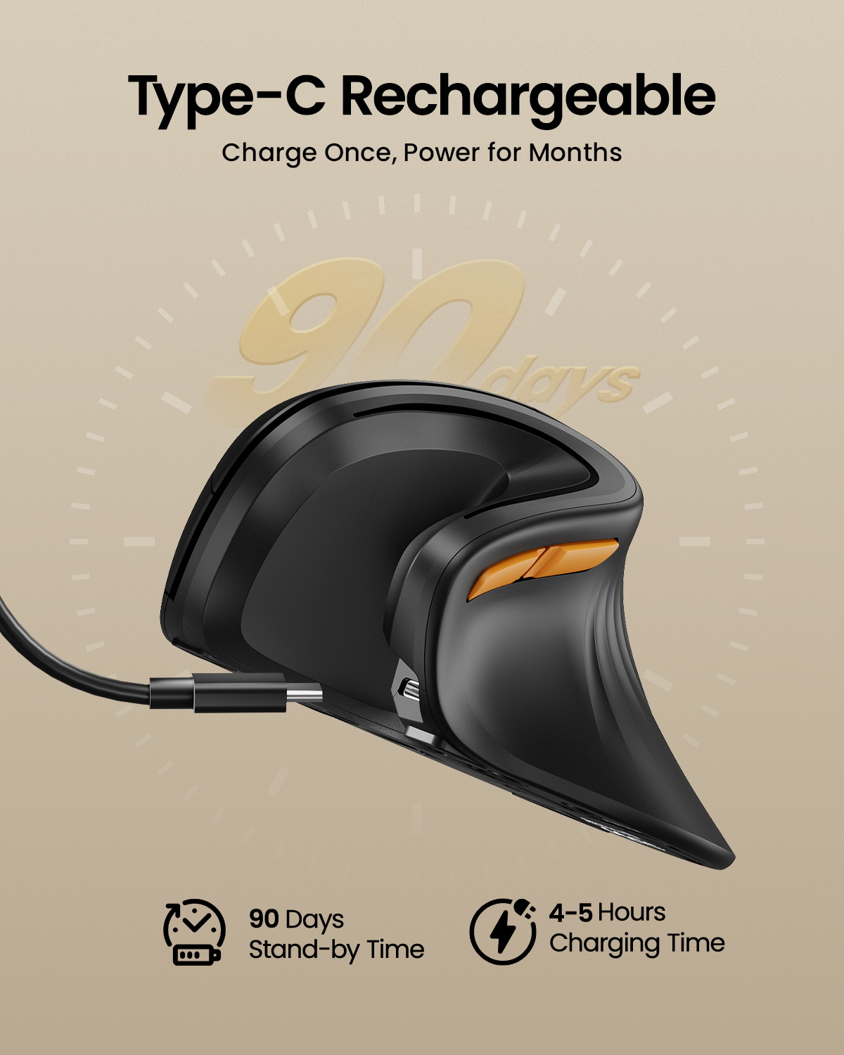 Un ratón ergonómico USB-C negro está conectado por cable. 90 días en espera.