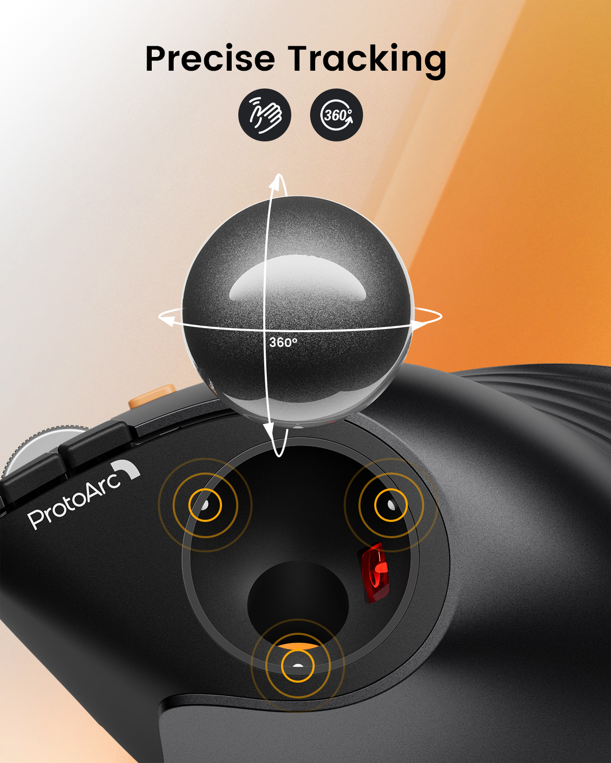 Ratón trackball negro con logo ProtoArc, seguimiento 360 y sensores de precisión.