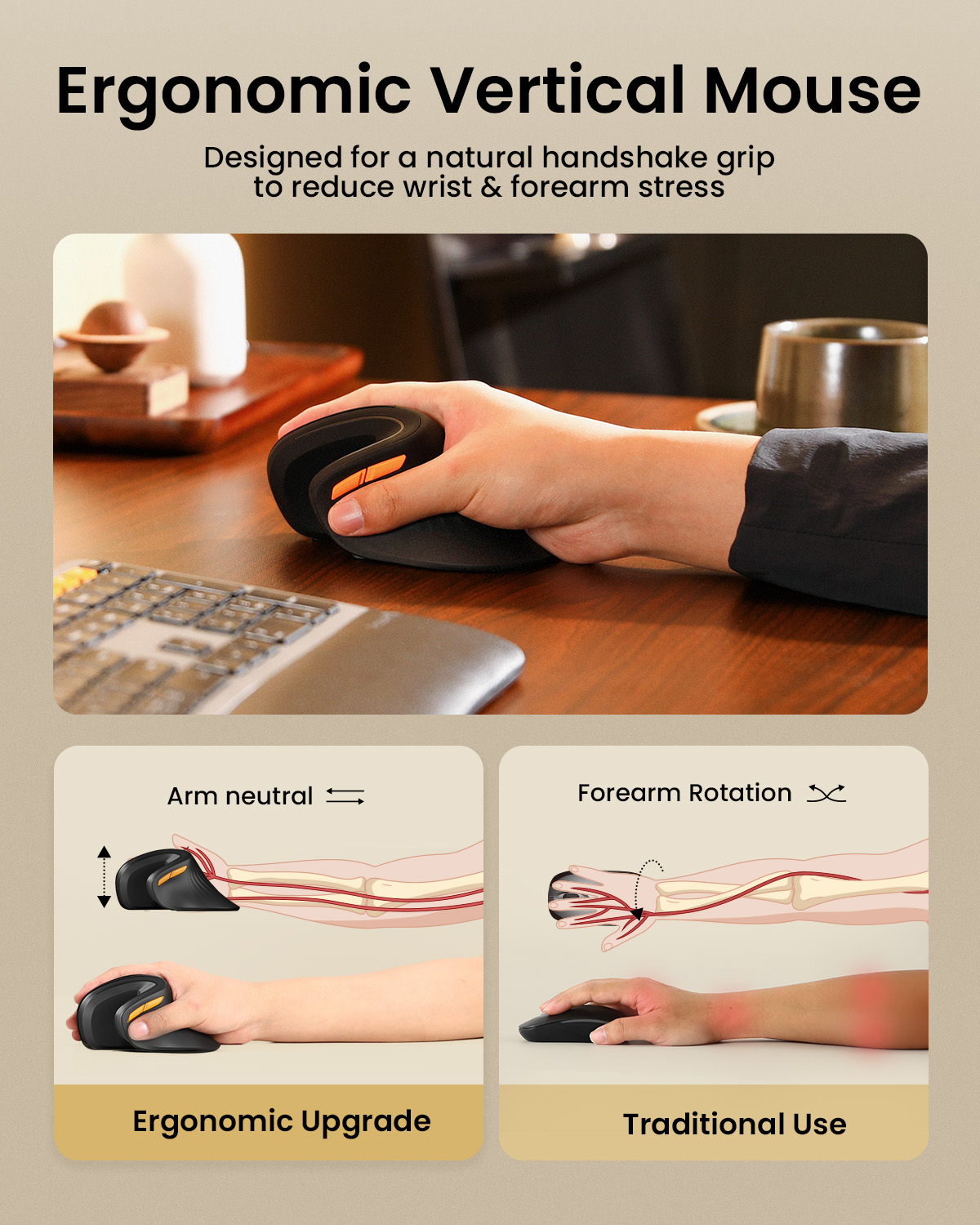 Ratón vertical ergonómico: Comparación de postura mano y antebrazo.