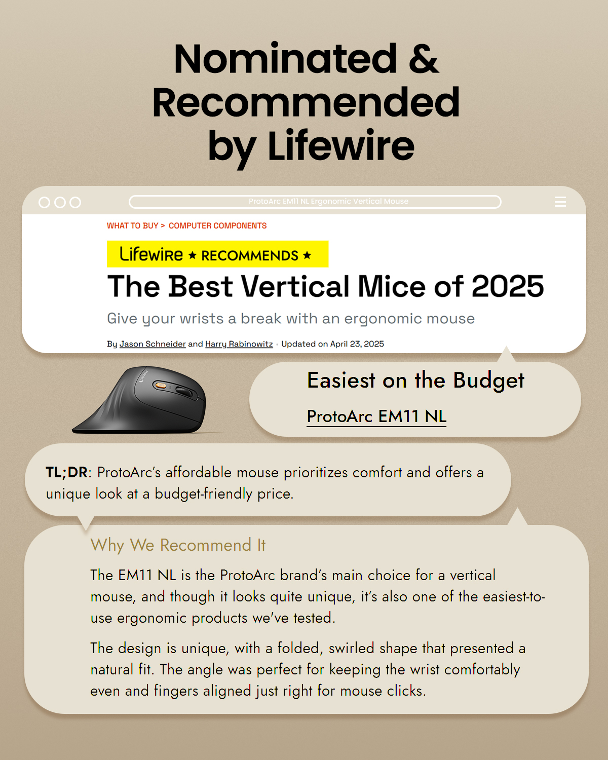 Lifewire recomienda el ratón vertical ProtoArc EM11 NL para 2025.