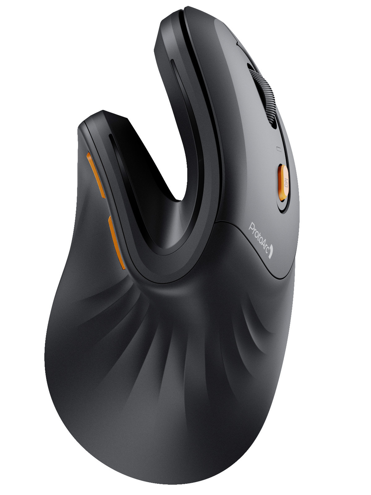 Ratón ergonómico negro con detalles naranjas y rueda de desplazamiento.