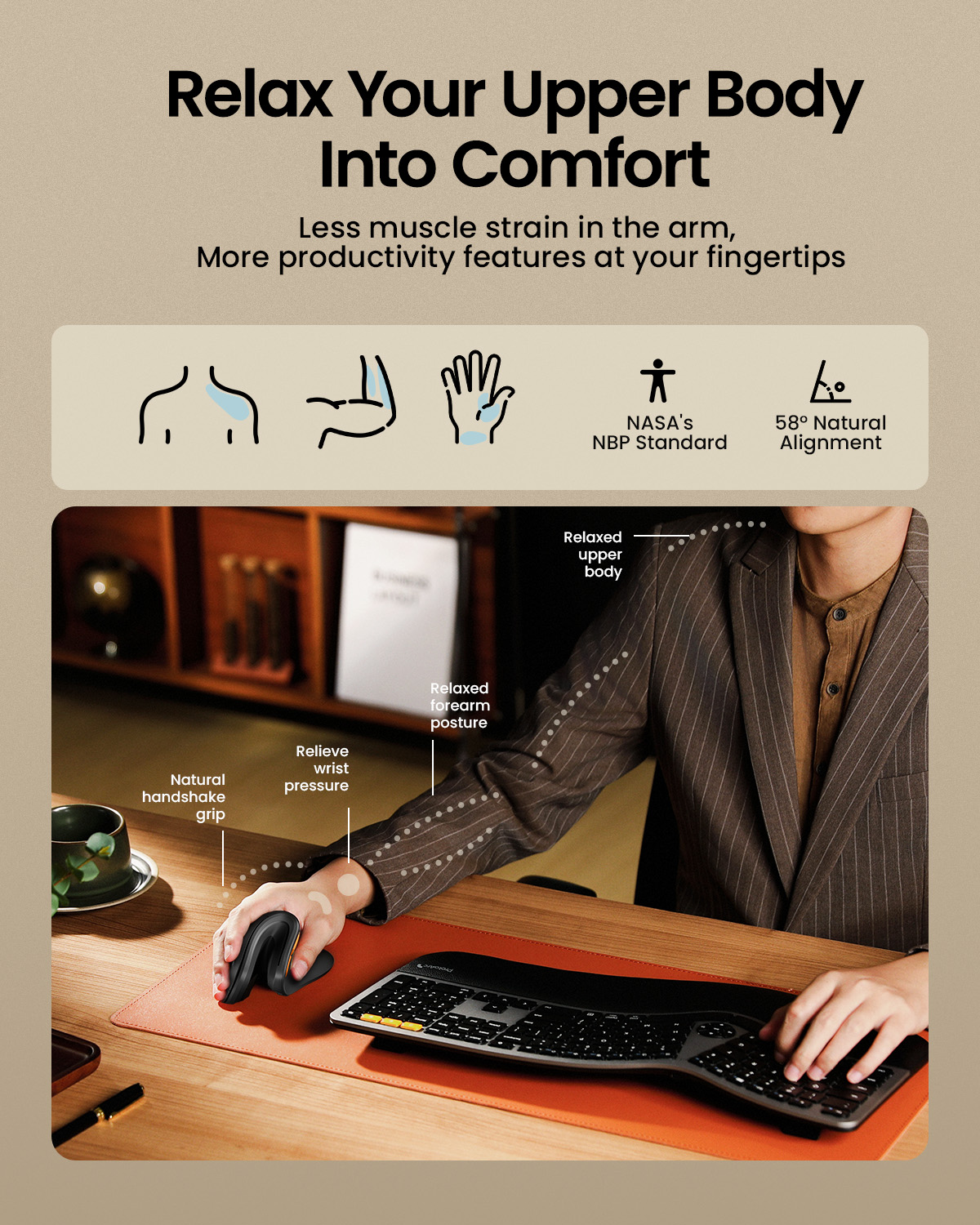 Persona usa ratón y teclado ergonómicos para postura relajada. Texto resalta confort.