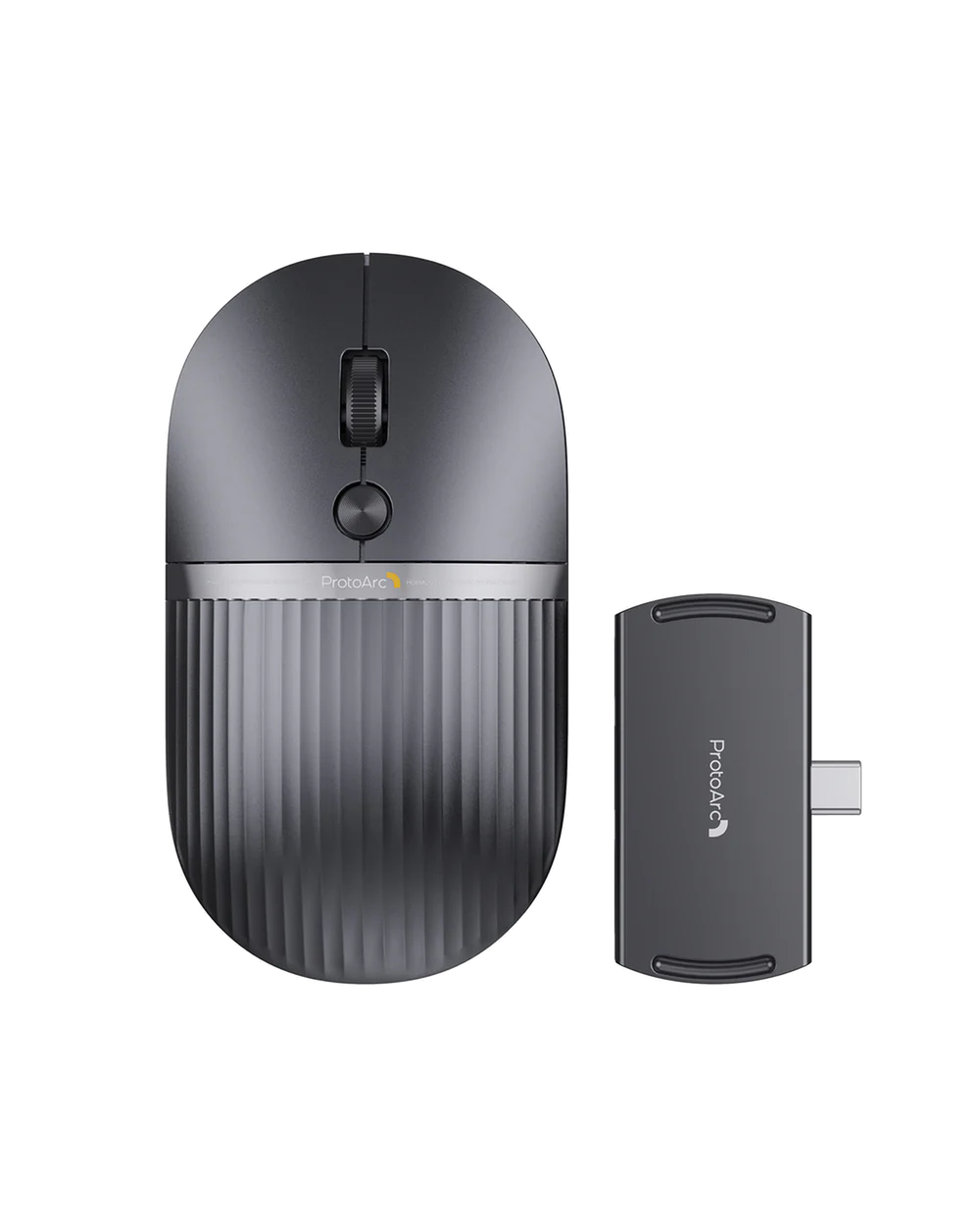 Un ratón oscuro y un receptor USB-C sobre fondo blanco.