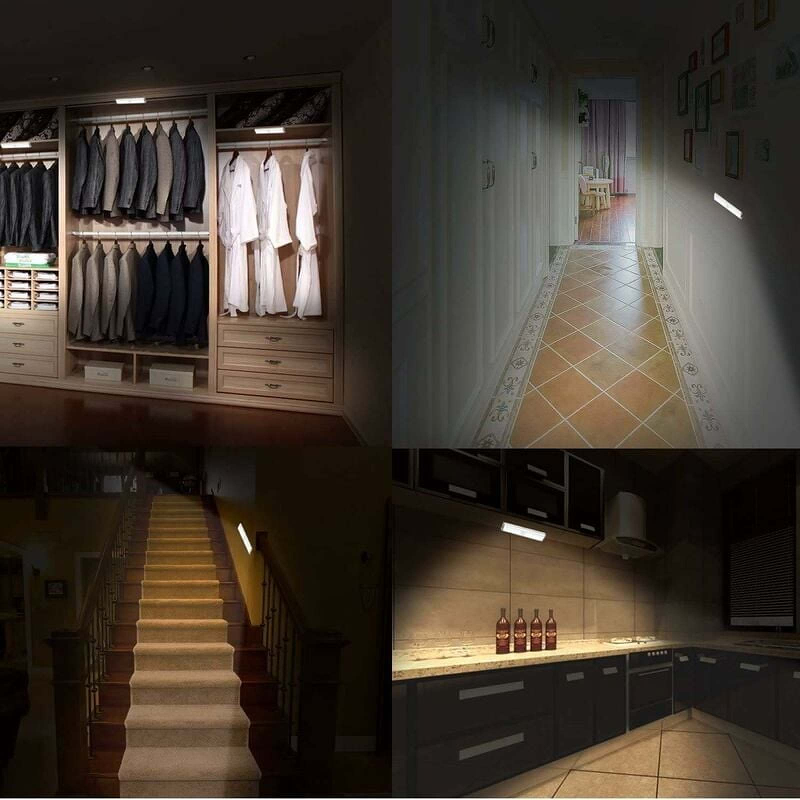 Collage aus vier Szenen: Kleiderschrank, Flur, Treppe und Küche mit LED-Leuchten.