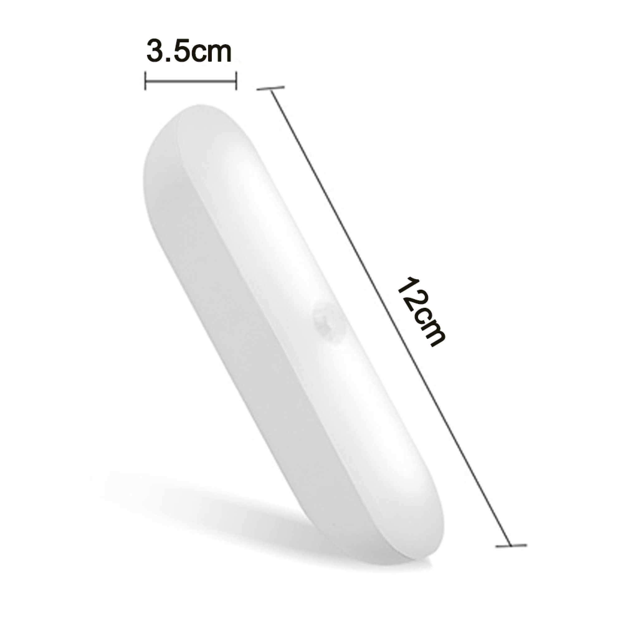 Ein weißes, längliches Licht mit Bewegungsmelder, 12cm lang und 3,5cm breit.