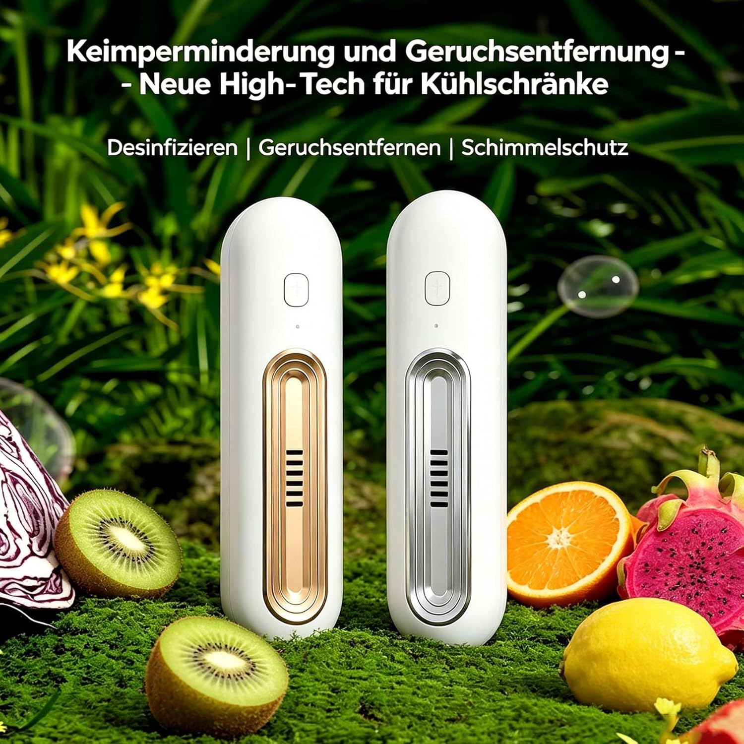 Zwei weiße Hightech-Geräte auf Moos mit Früchten.