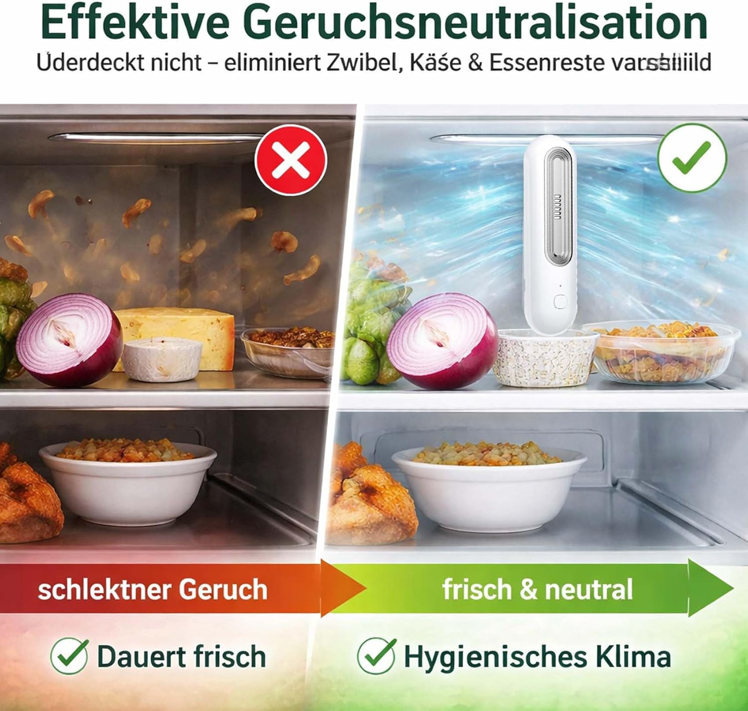 Vorher/Nachher Vergleich im Kühlschrank: Links schlechter Geruch, rechts frisch mit Gerät.