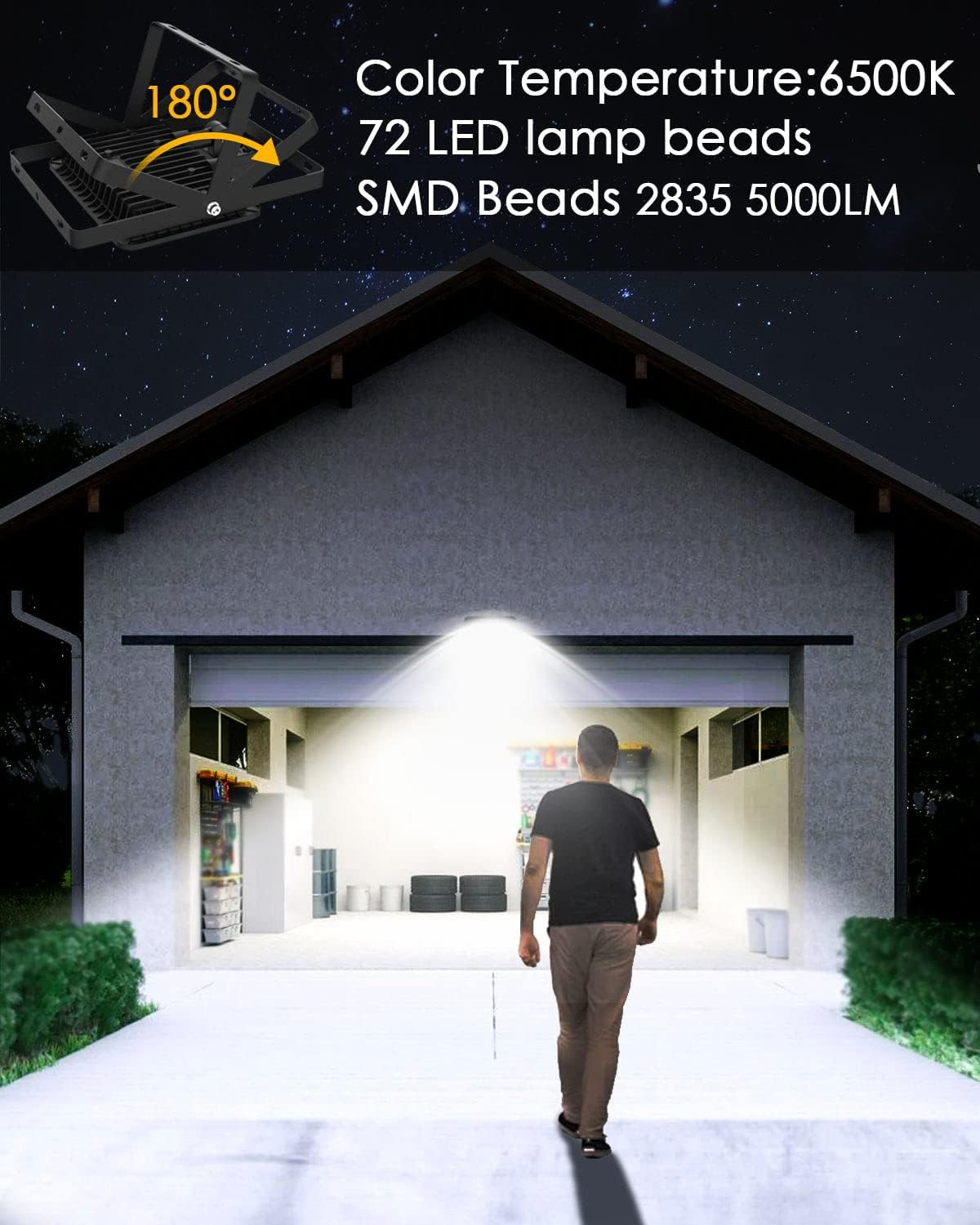 Ein Mann geht nachts auf eine beleuchtete Garage zu. Ein Flutlicht beleuchtet den Eingang.