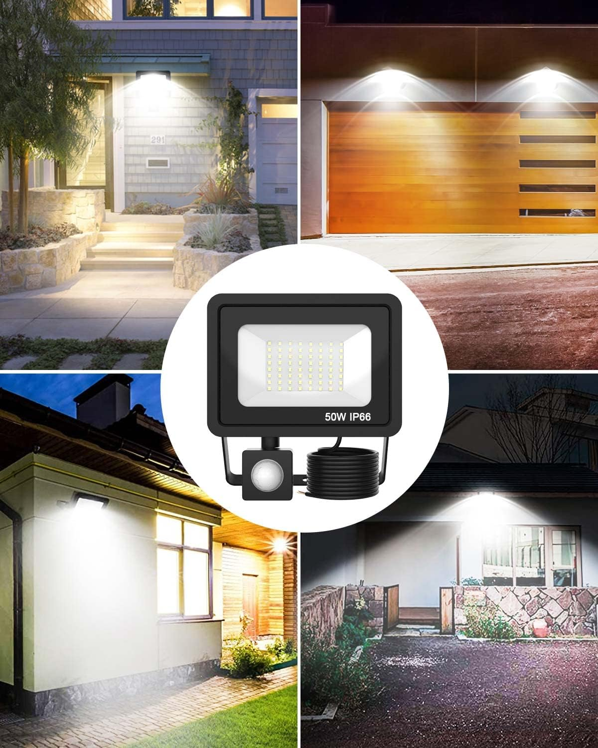 Ein moderner LED-Strahler beleuchtet ein Haus und eine Garage.