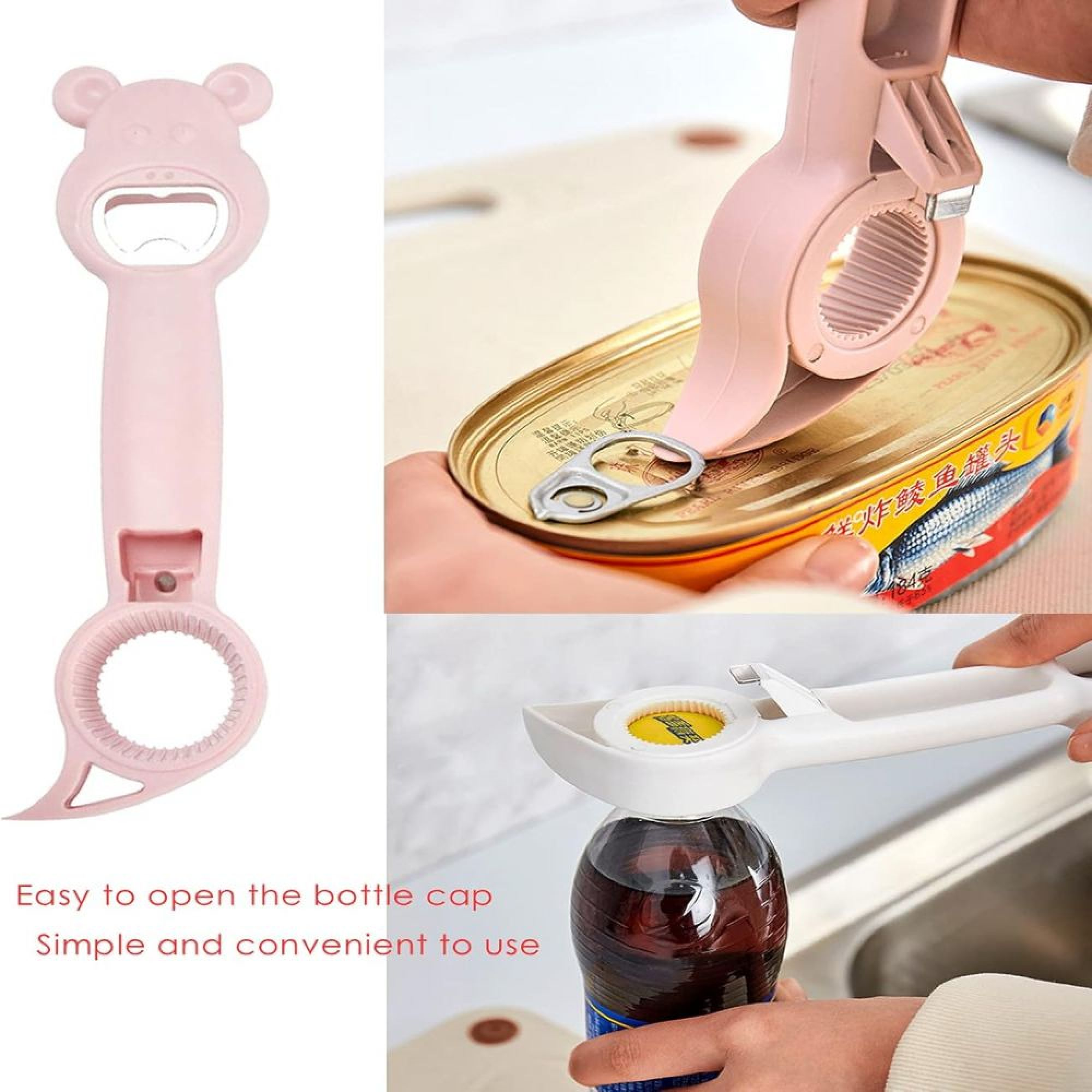 Ein rosa Dosenöffner öffnet eine Fischdose und einen Flaschenverschluss.