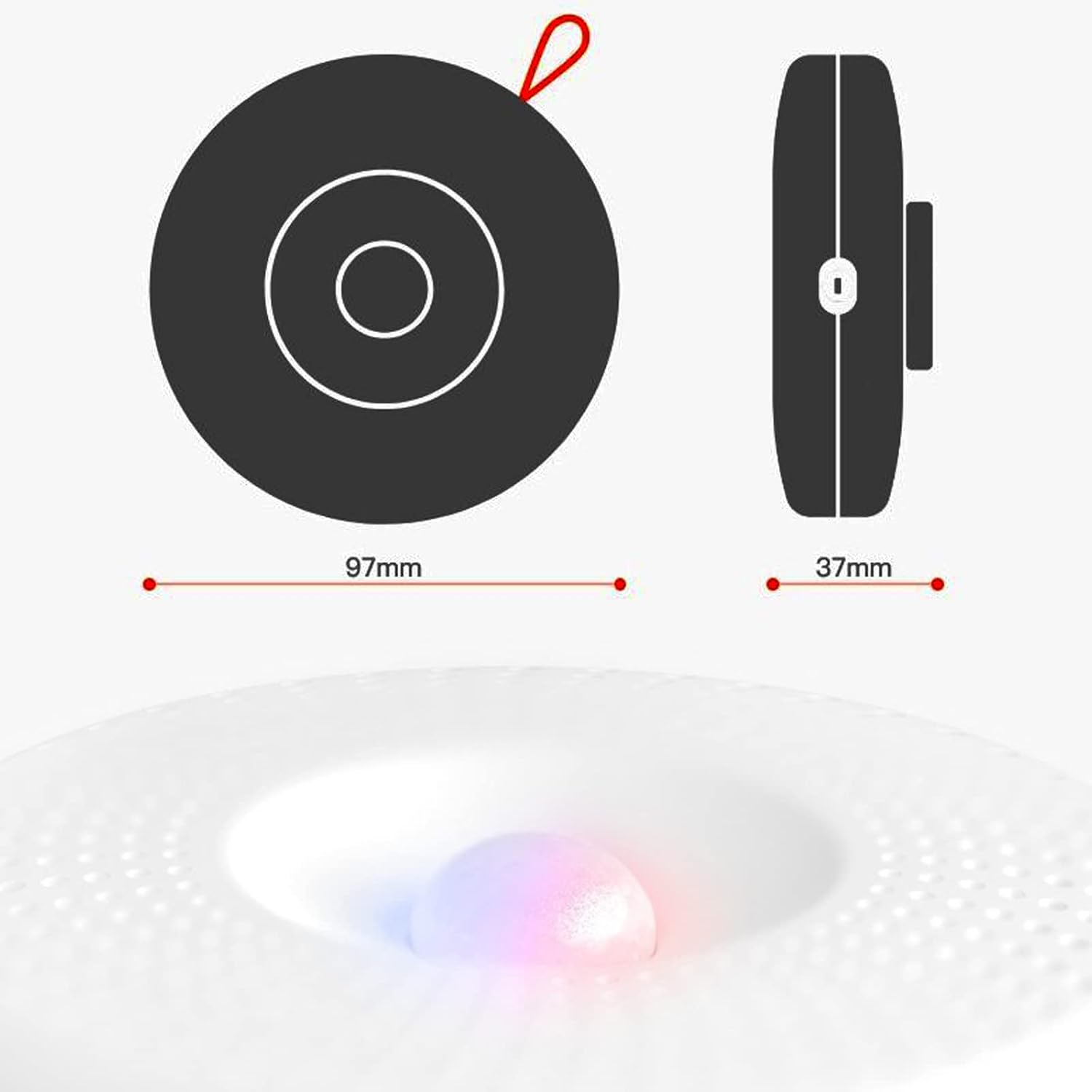 Schwarzer Lautsprecher mit roten Akzenten, 97mm und 37mm Maße, weißer Untergrund mit LED-Licht.