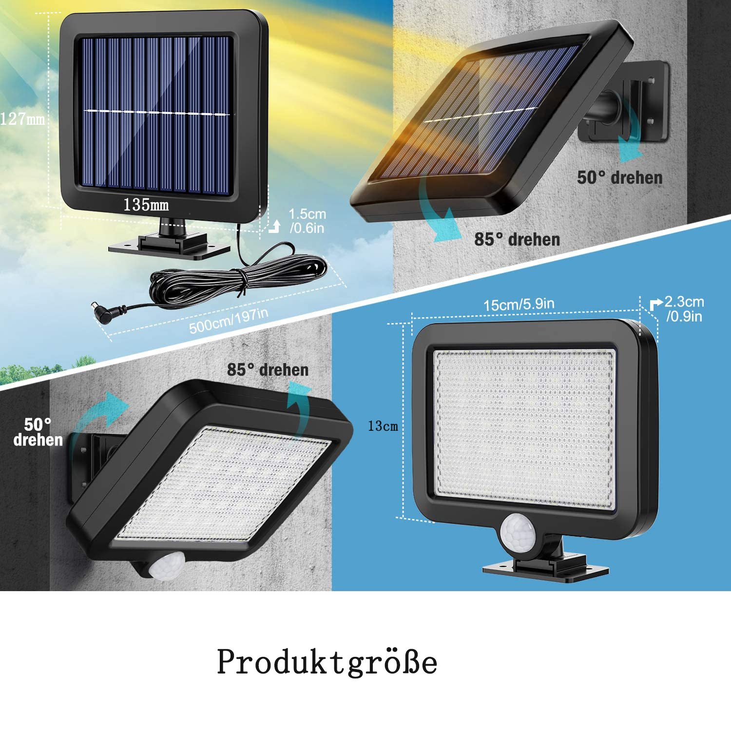 Details eines Solarlichts mit Abmessungen und Verstellwinkeln.