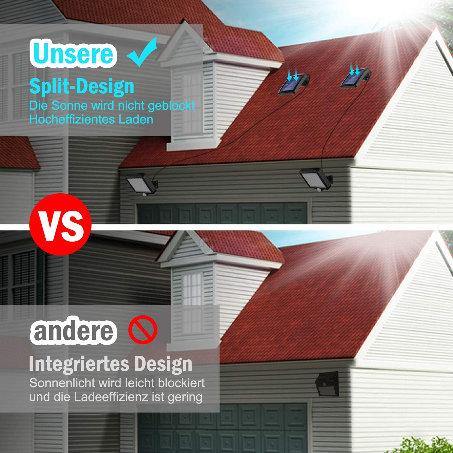 Vergleich von zwei Solarladegeräten an Hausdächern: Split-Design vs. Integriertes Design.