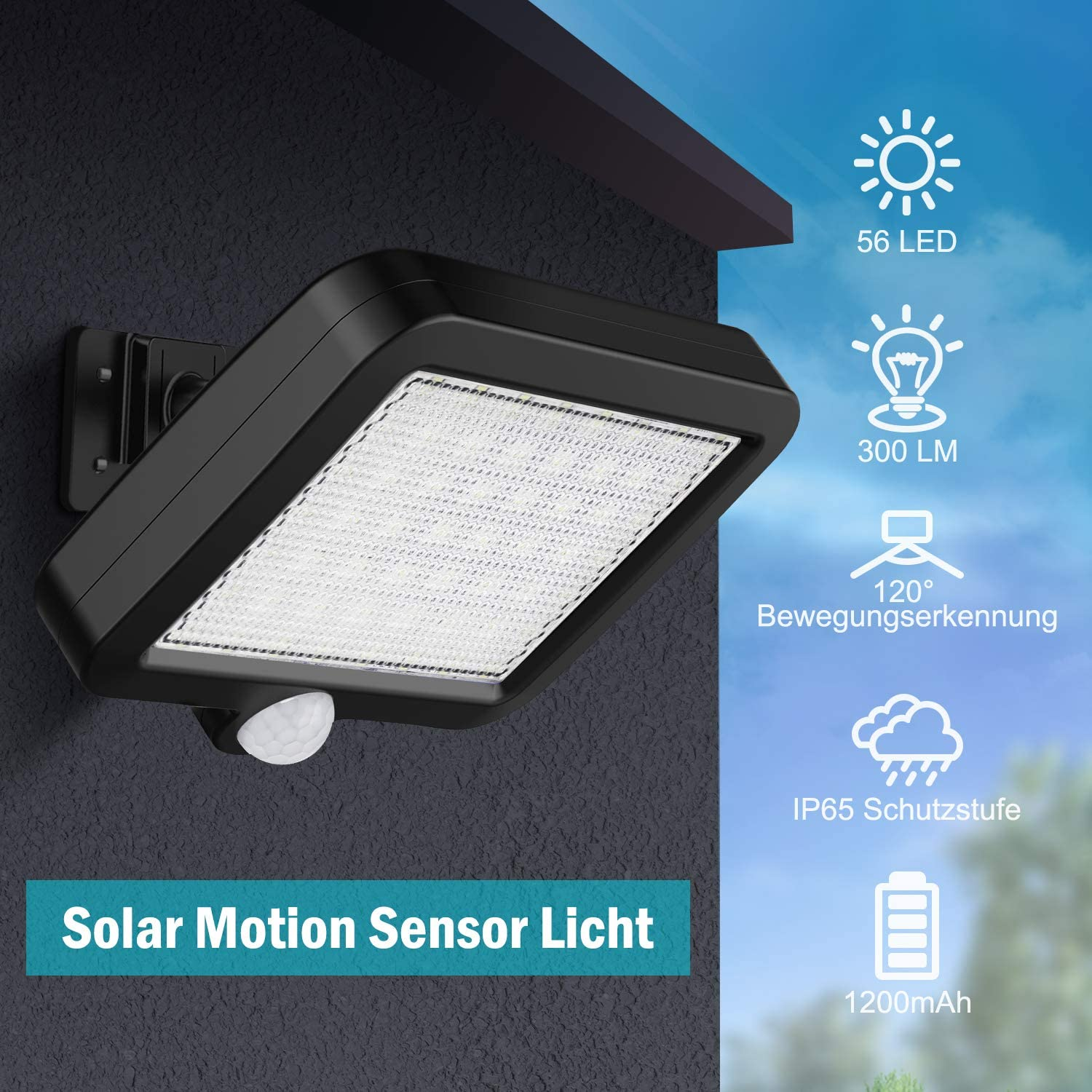 Schwarze Solarleuchte mit Bewegungsmelder an einer Wand. Icons zeigen 56 LEDs, 300 Lumen, 120° Erfassung, IP65, 1200mAh.