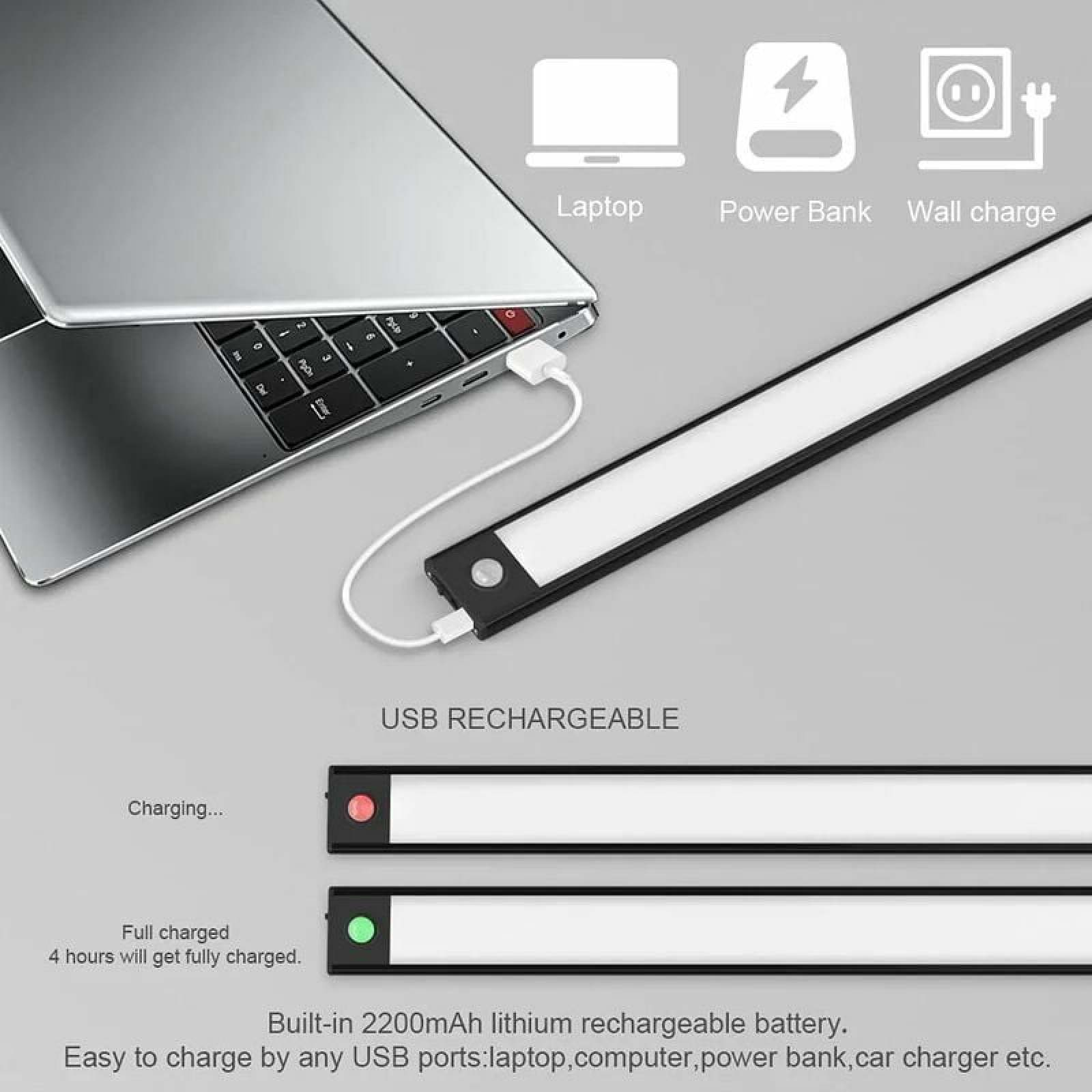 Laptop lädt über USB-Kabel eine LED-Leiste, die für Powerbanks, Laptops und Wandladegeräte geeignet ist.