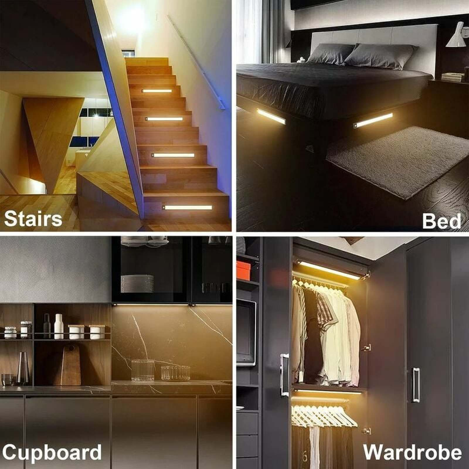 Vier Szenen: beleuchtete Treppe, Bett, Küche und Kleiderschrank.