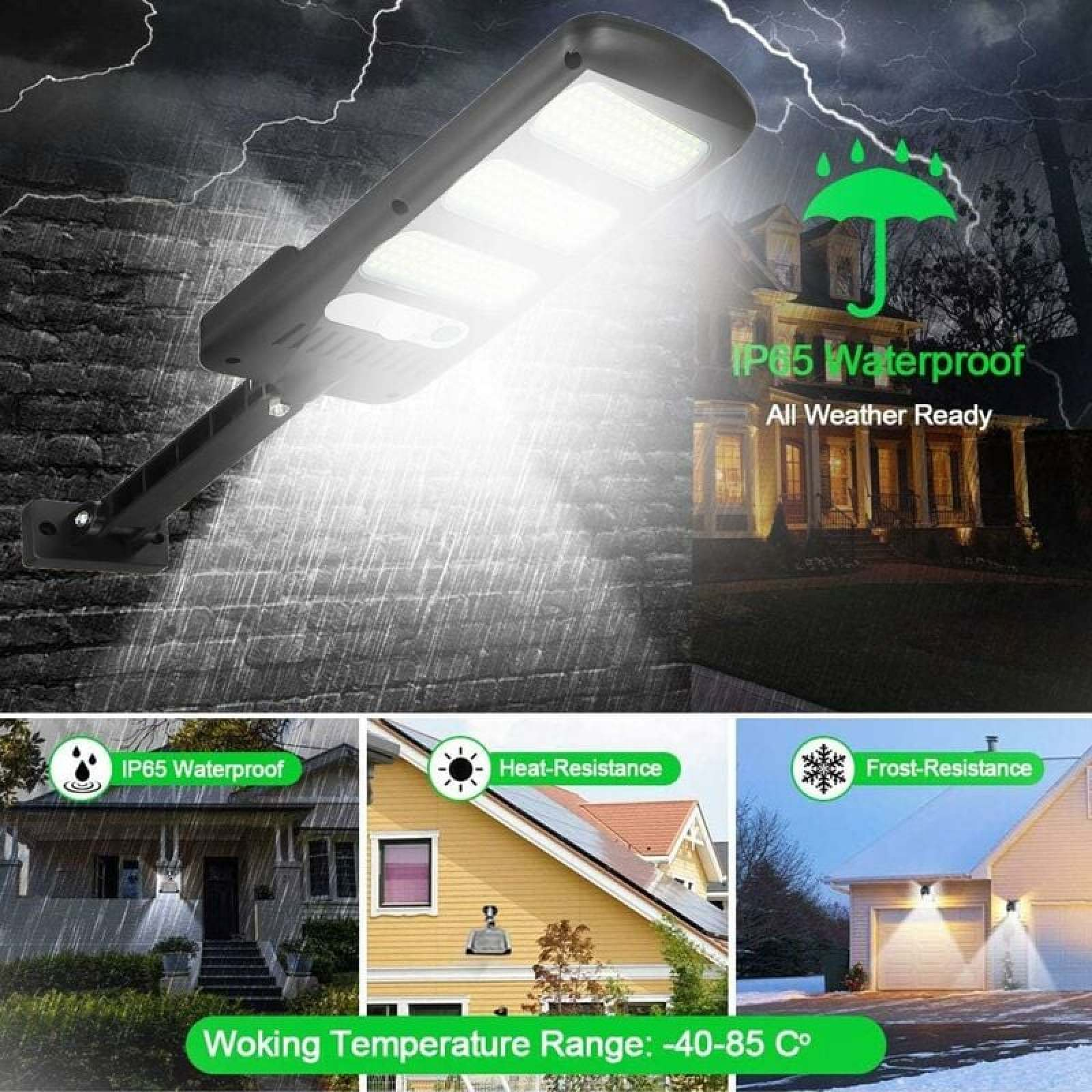 Solar-Außenleuchte mit IP65, hitze- und frostbeständig, für alle Wetterbedingungen.