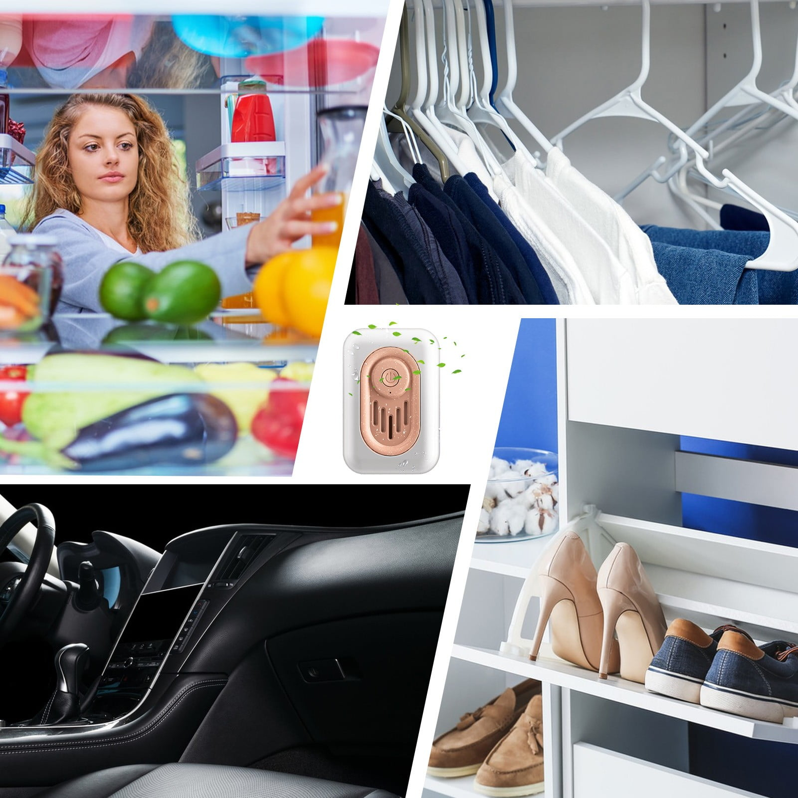 Collage aus Kühlschrank, Kleiderschrank, Autoinnenraum, Lufterfrischer und Schuhen.