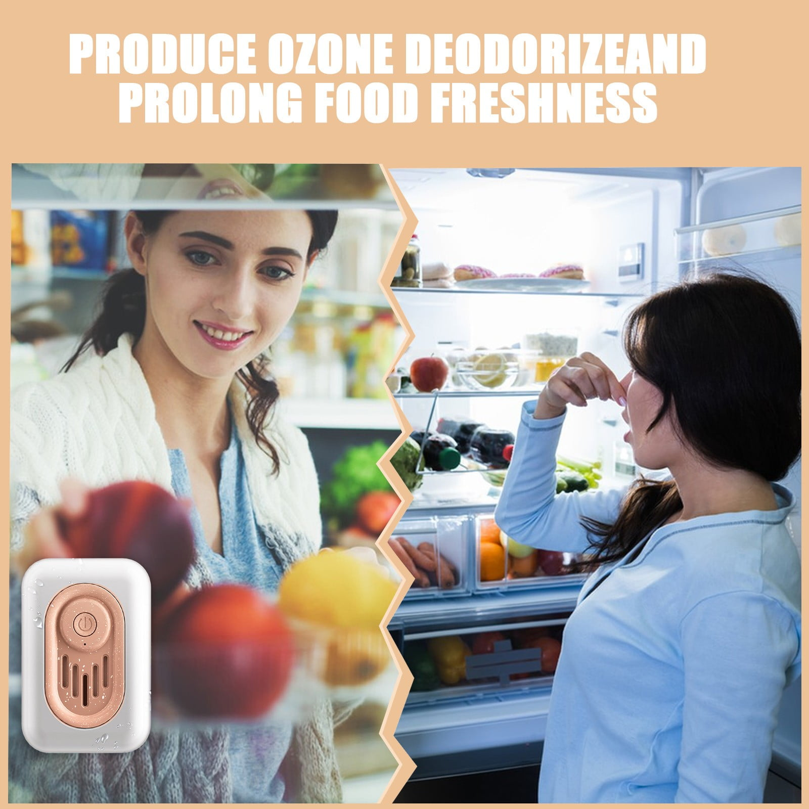 Frau mit Obst und Kühlschrank, der Ozongerät zeigt.