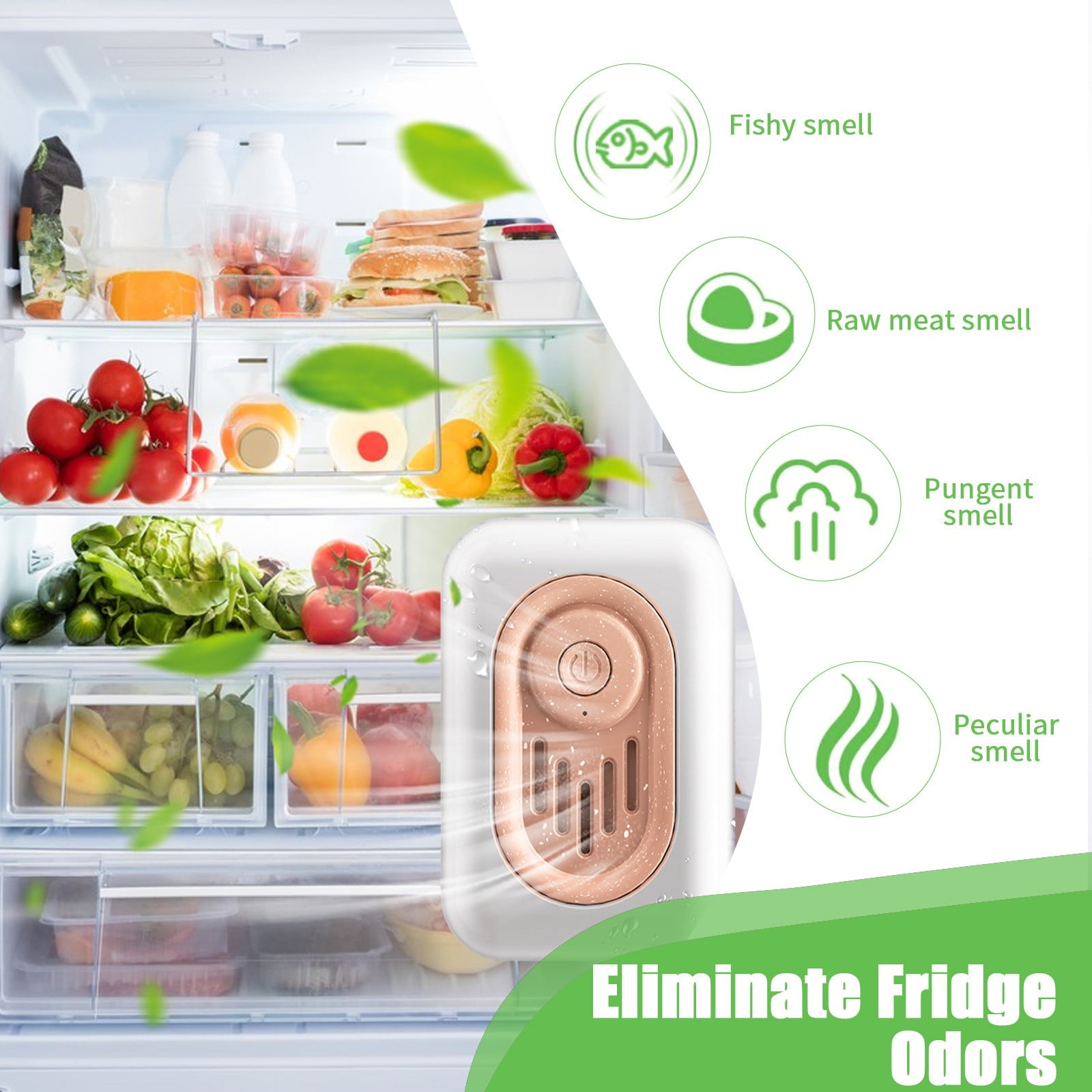 Ein Kühlschrank mit Lebensmitteln und einem Odor-Eliminator.