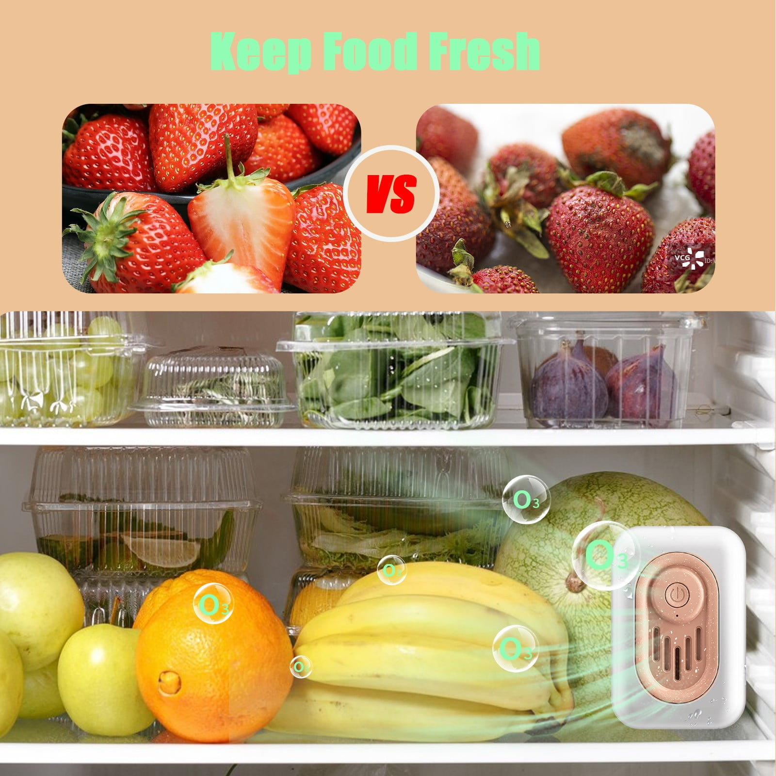 Frische vs. verdorbene Erdbeeren, daneben ein Kühlschrank mit Obst und Gemüse.