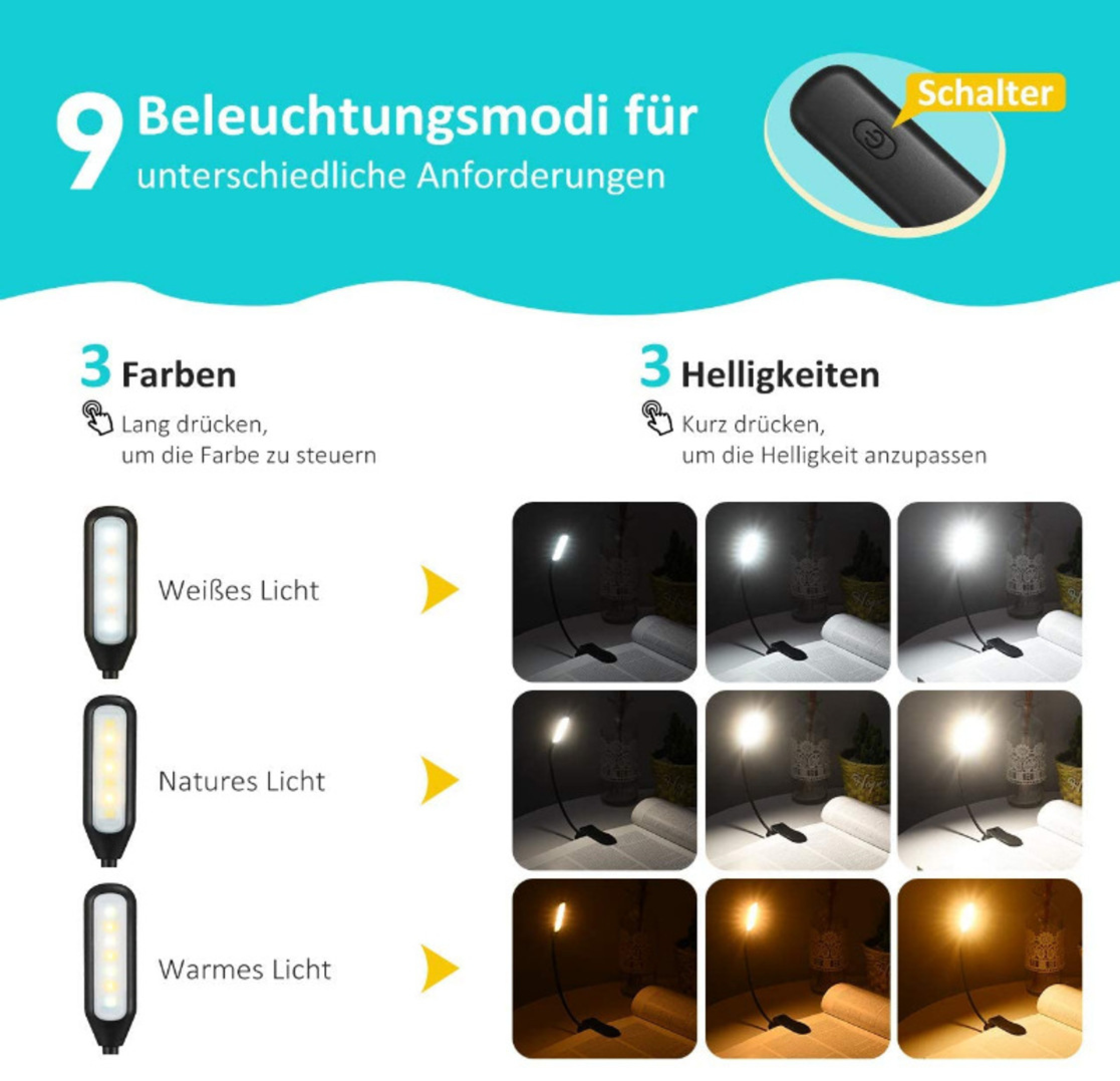 Anleitung für eine Lampe mit 9 Modi, 3 Farben und 3 Helligkeiten.