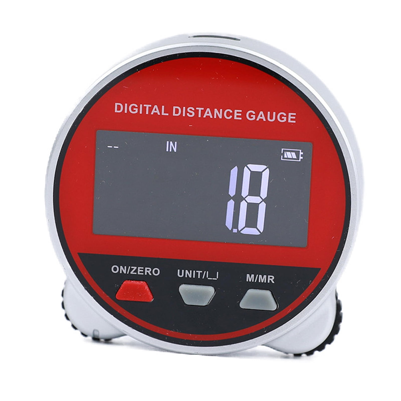 Digitaler Distanzmesser mit rotem Display und Batterieanzeige.