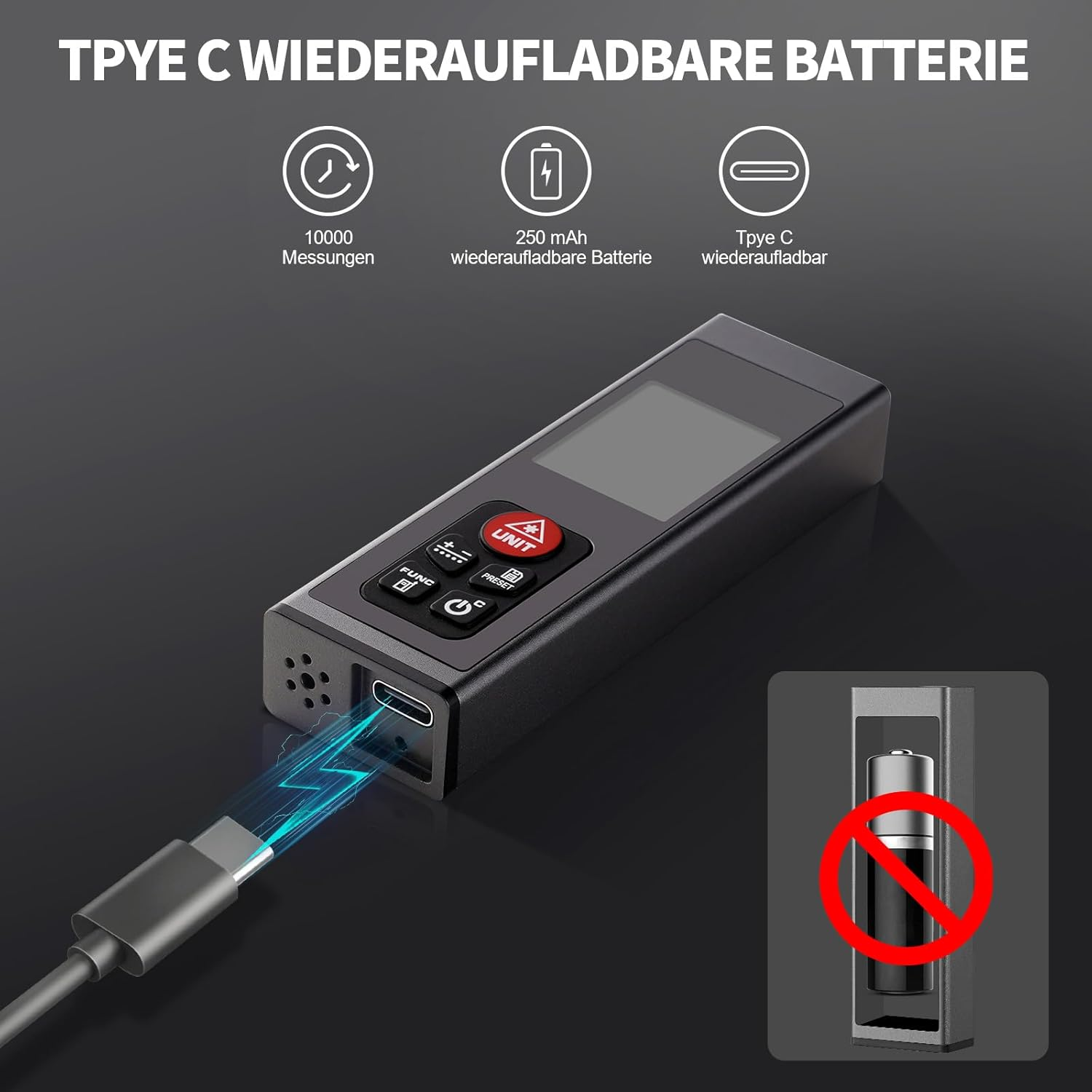 Ein schwarzes Messgerät mit USB-C-Ladeanschluss und Ladeanzeige.