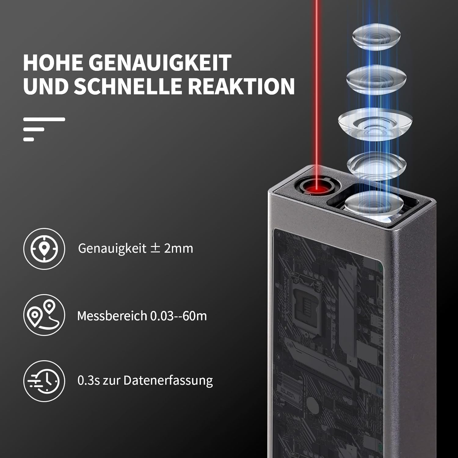 Gerät mit hoher Präzision: Laser, Linsen und Leiterplattengrafik.