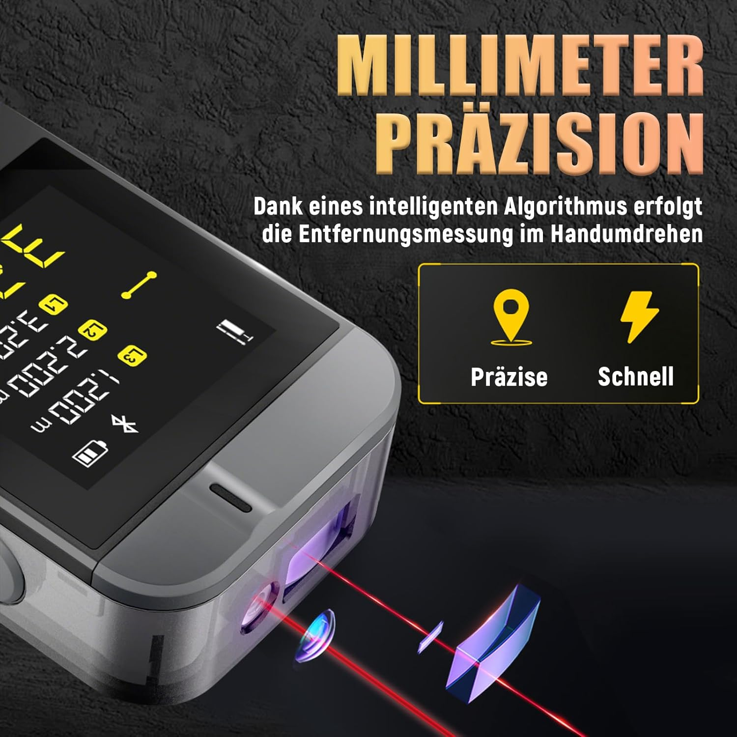 Ein Laser-Entfernungsmesser mit rotem Laserstrahl und digitaler Anzeige.