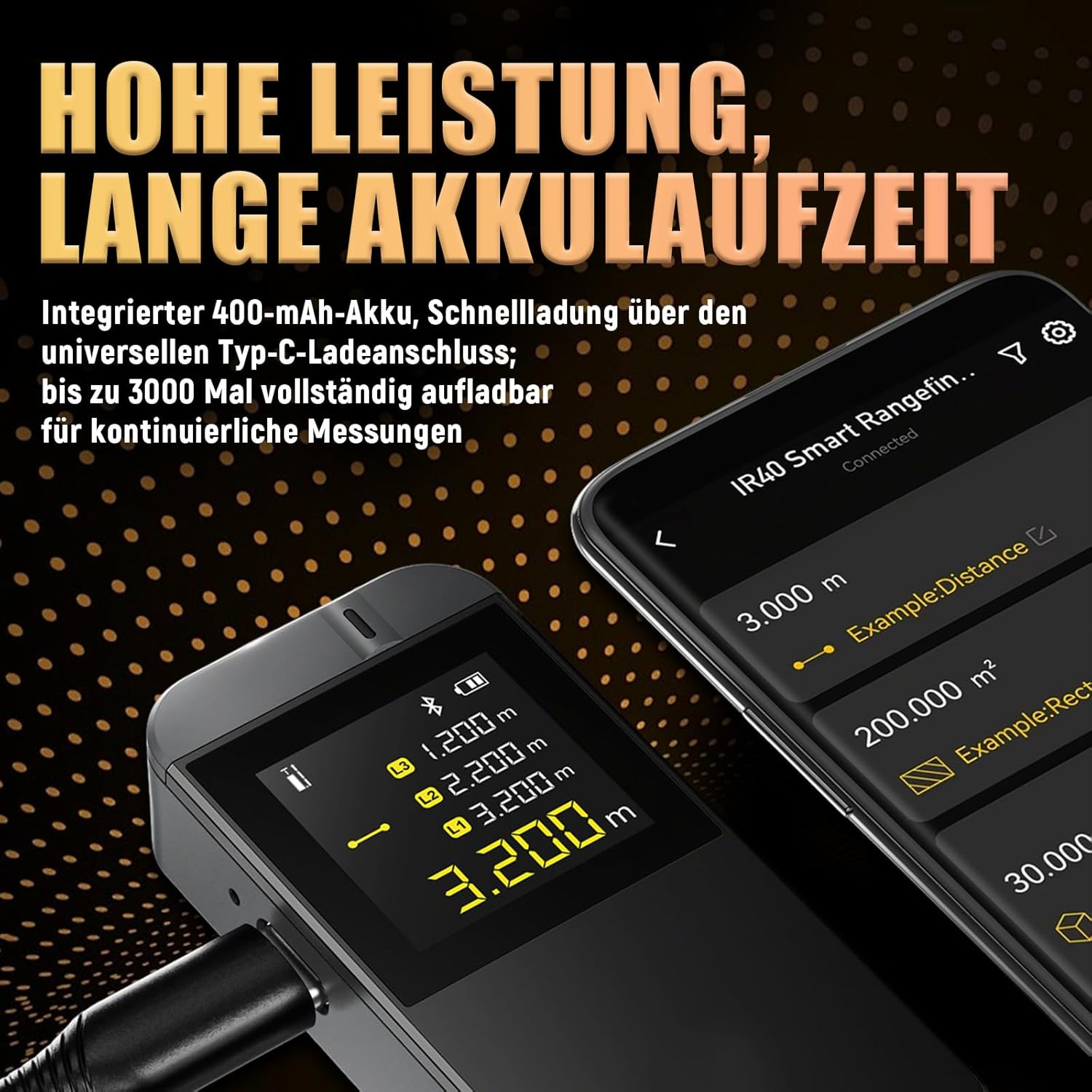 Ein Messgerät und ein Smartphone zeigen Messwerte. Hohe Leistung, lange Akkulaufzeit.