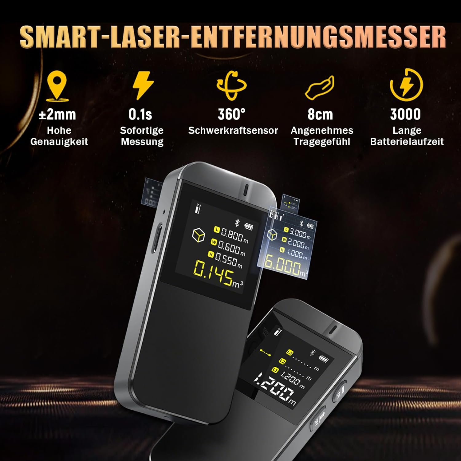 Zwei smarte Laser-Entfernungsmesser, einer vorne zeigt 1.200m, der andere dahinter.