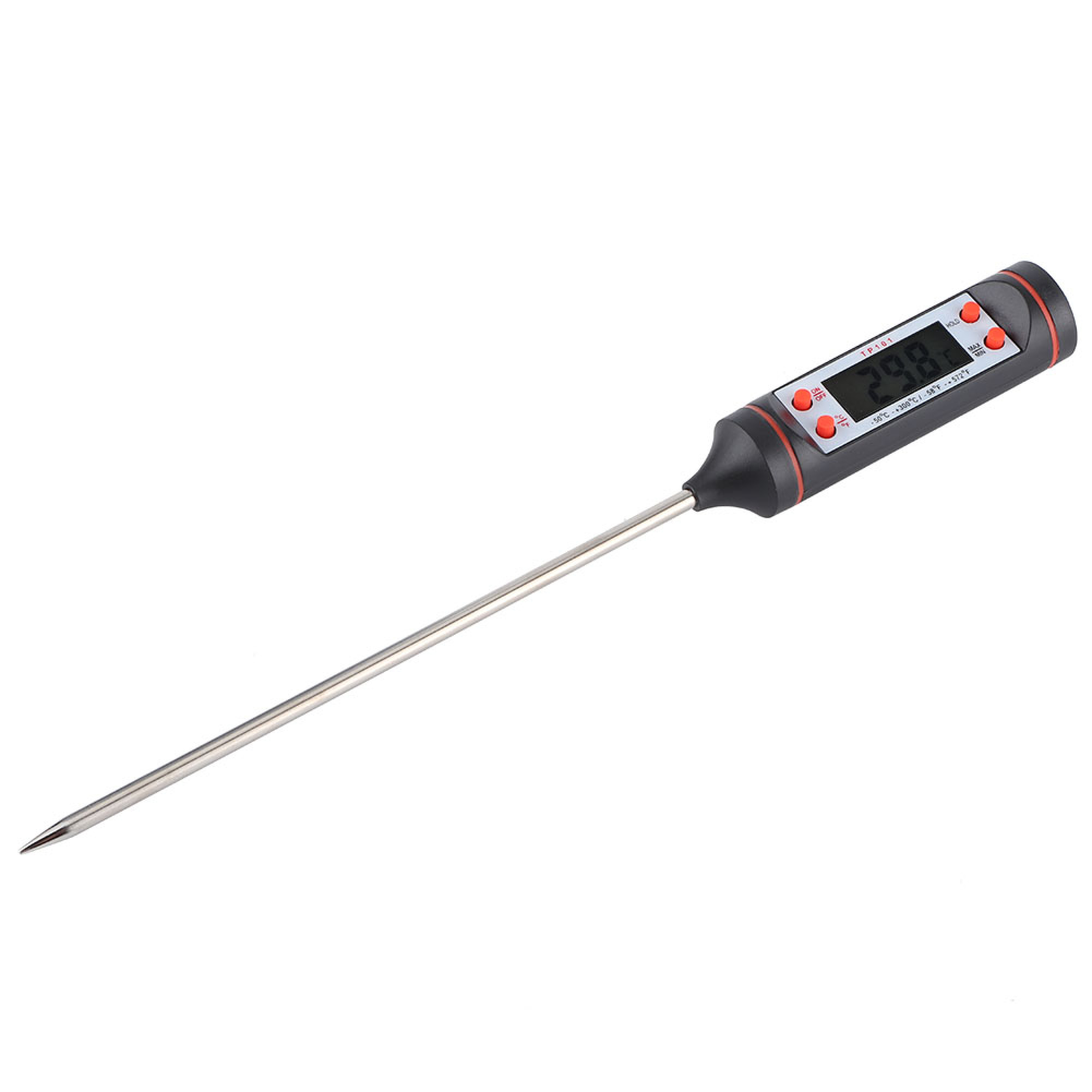 Ein digitales Thermometer mit einem langen Metallfühler und einem schwarzen Griff mit roten Knöpfen.
