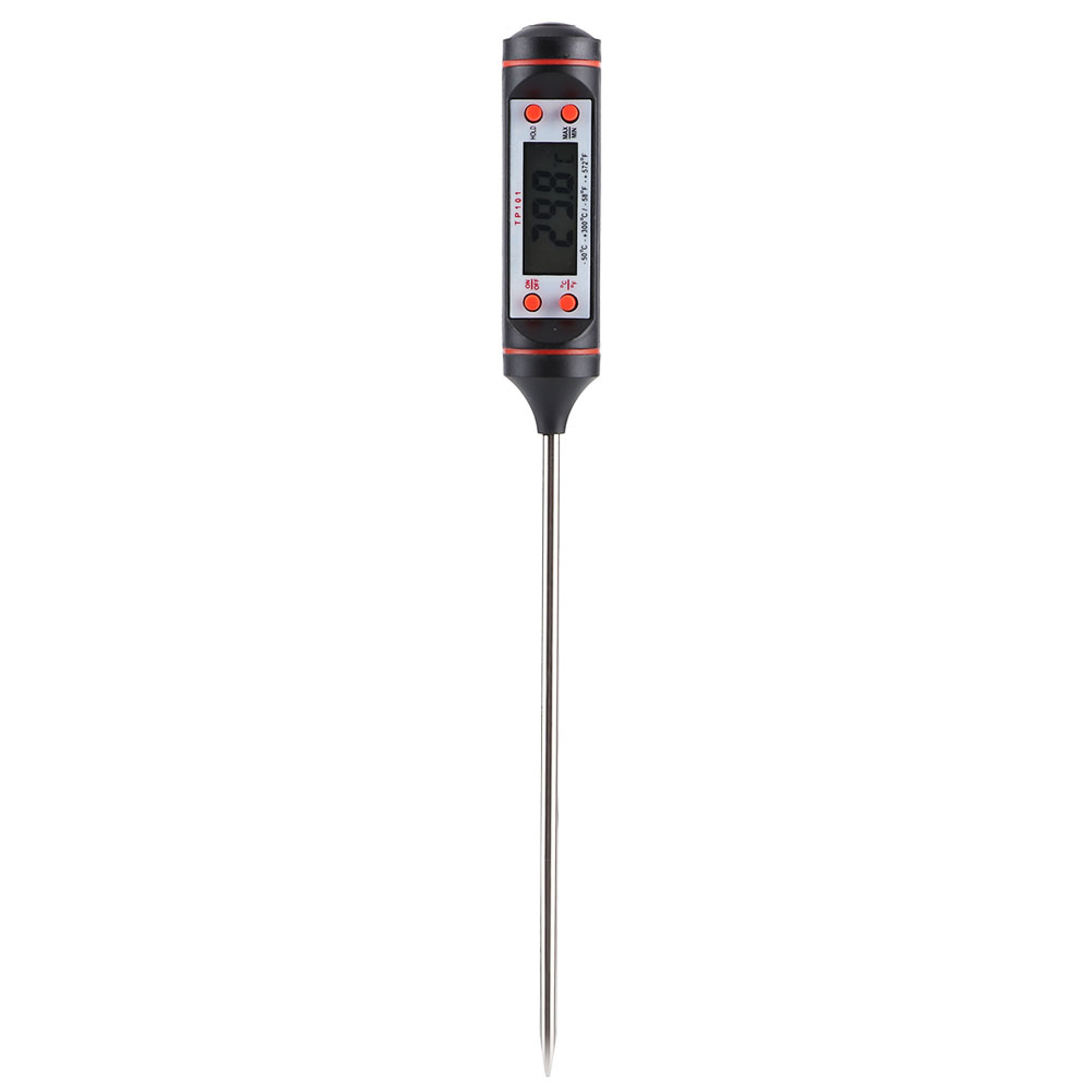 Ein digitales Thermometer mit LCD-Display und Metallsensor.