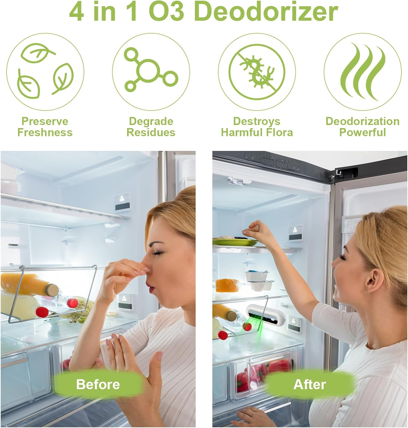 Vorher/Nachher-Vergleich eines Kühlschranks mit einem Ozon-Deodorizer, der Frische bewahrt.